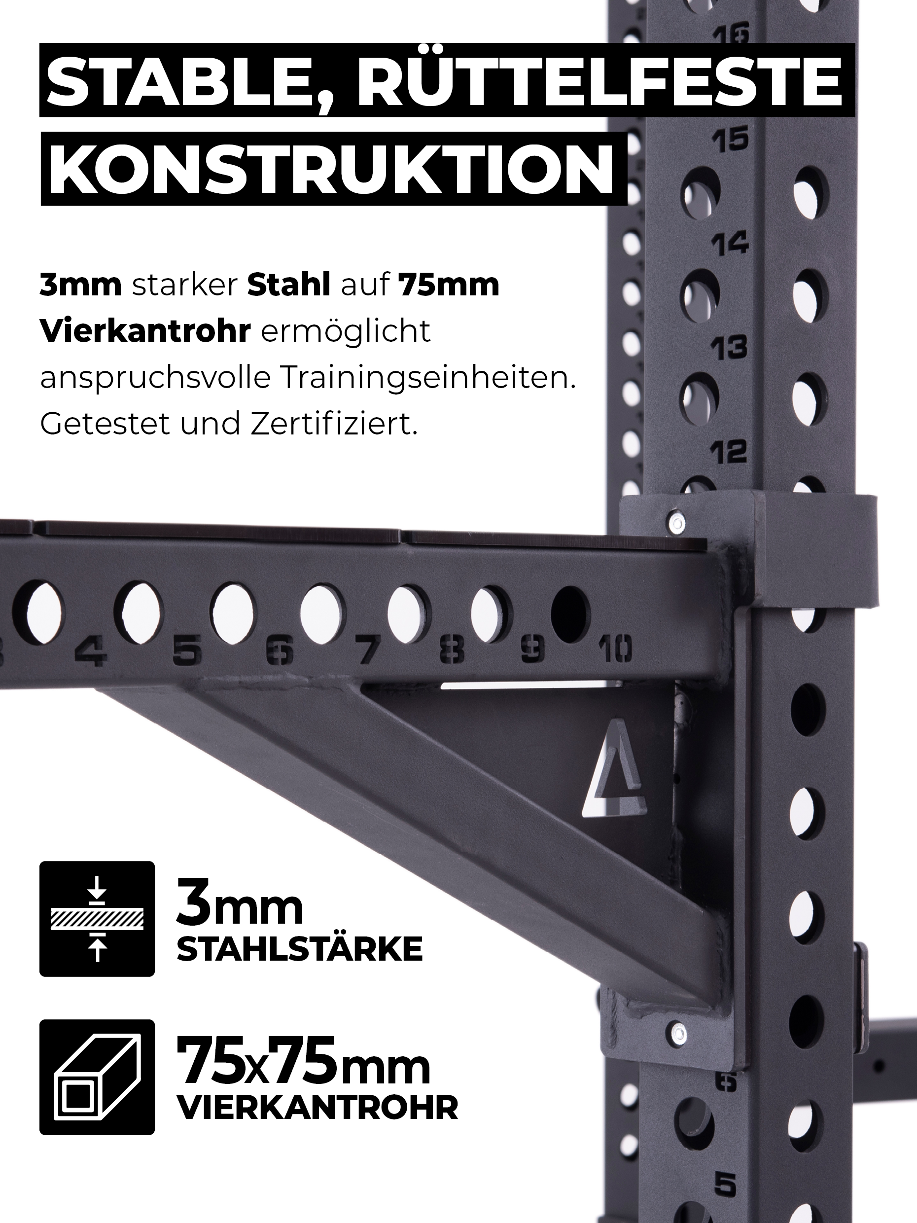 Atletica R8 Power Racks: mit stabiler rüttelfeste Konstruktion, 3 mm Stahlstärke und 75 x 75 mm Vierkantrohr