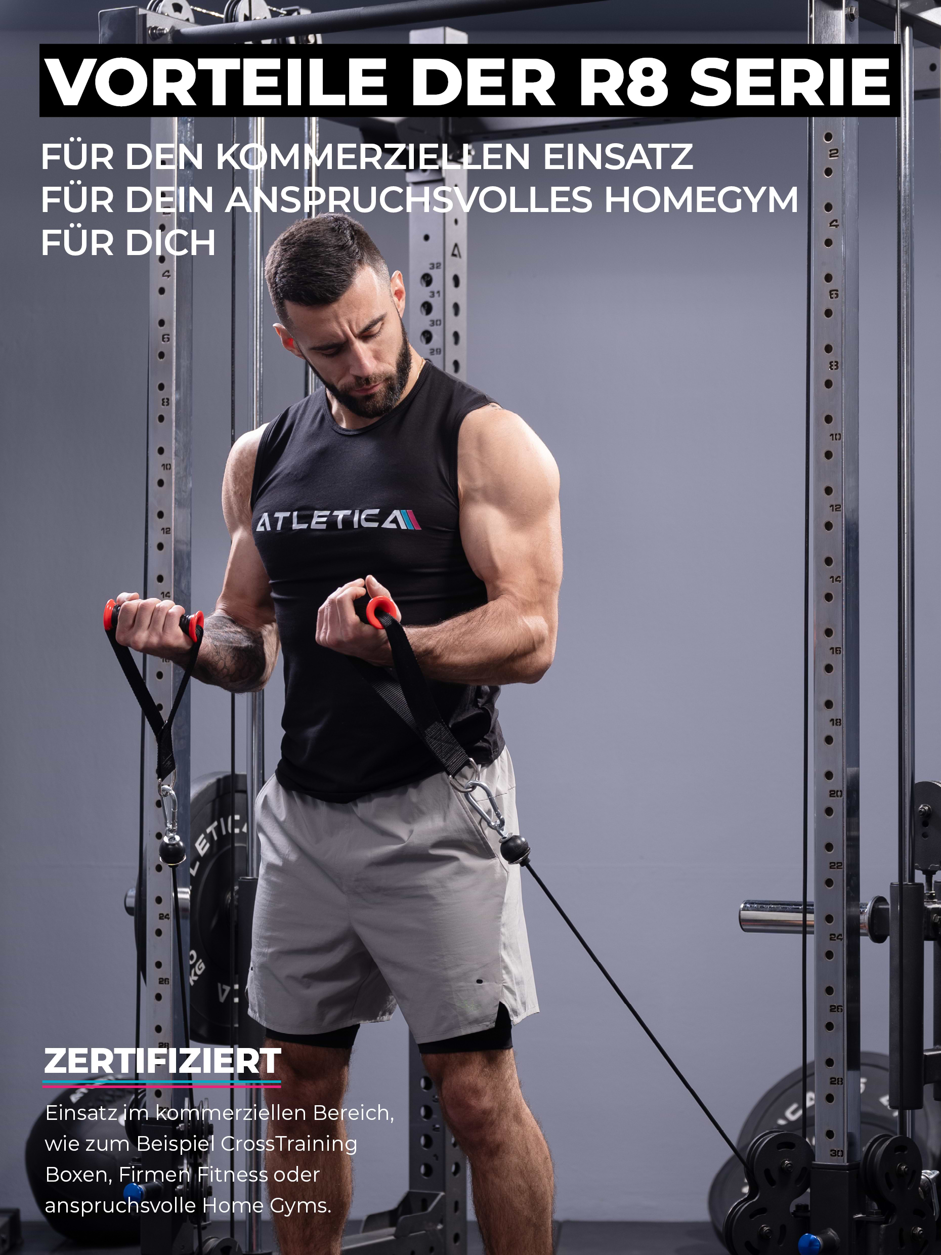 Power Rack R8-Blaster: Full Rack mit Latzug | 4 J-Hooks, Pull-Up Bar, Safeties, Logo Plate, Bar Holder | Next Level Squat Rack | 226 cm Höhe | 123x211 cm Grundfläche 