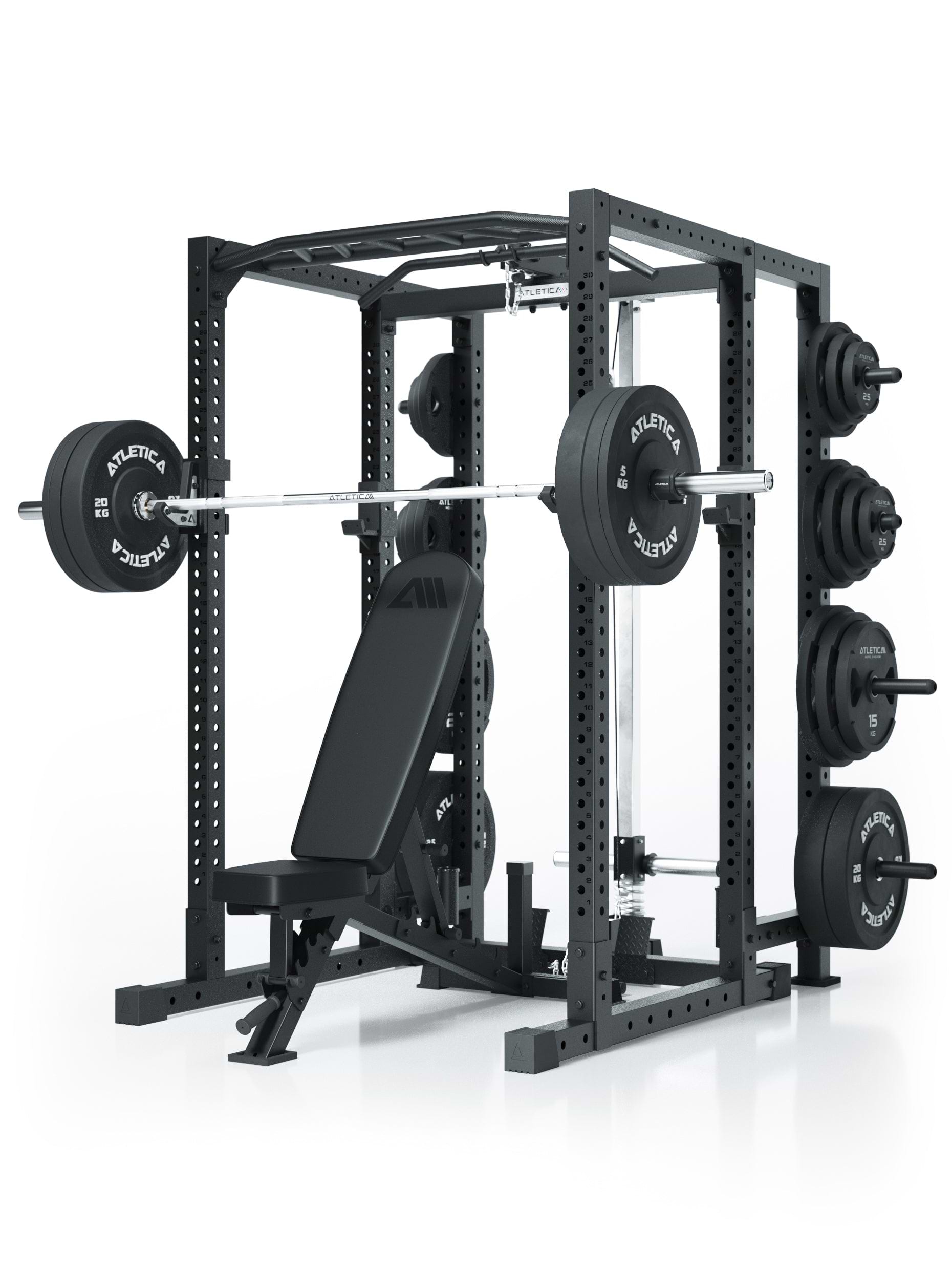 R7 Sixleg Extension 200 cm - R7 Power Rack mit Hantelbank, Langhantel und Gewichtsscheiben im Einsatz