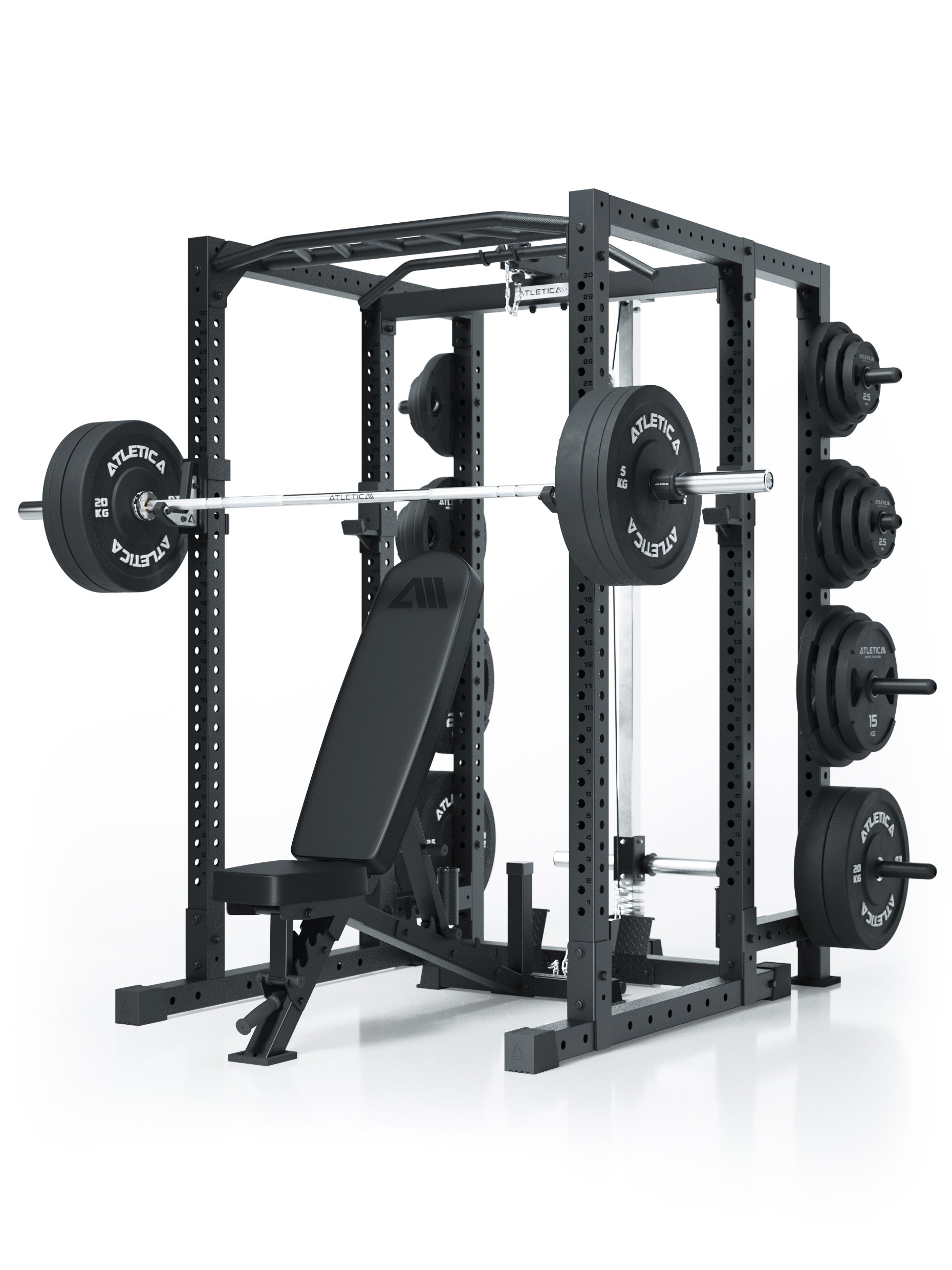 R7 Sixleg Extension 200 cm - R7 Power Rack mit Hantelbank, Langhantel und Gewichtsscheiben im Einsatz