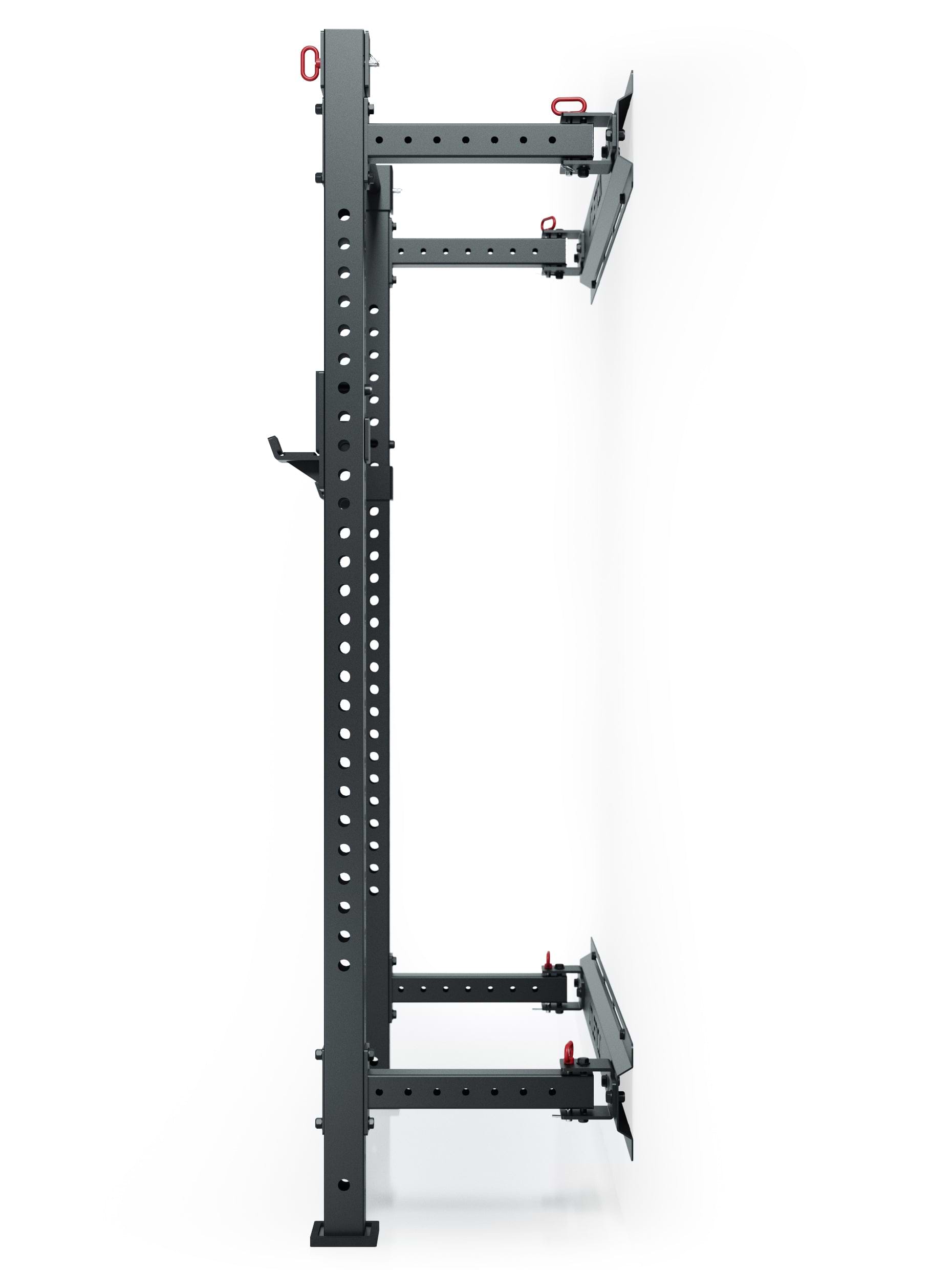 R7 Wall Rack - wall cage compatto, pieghevole, struttura in acciaio nera, perni di sicurezza rossi