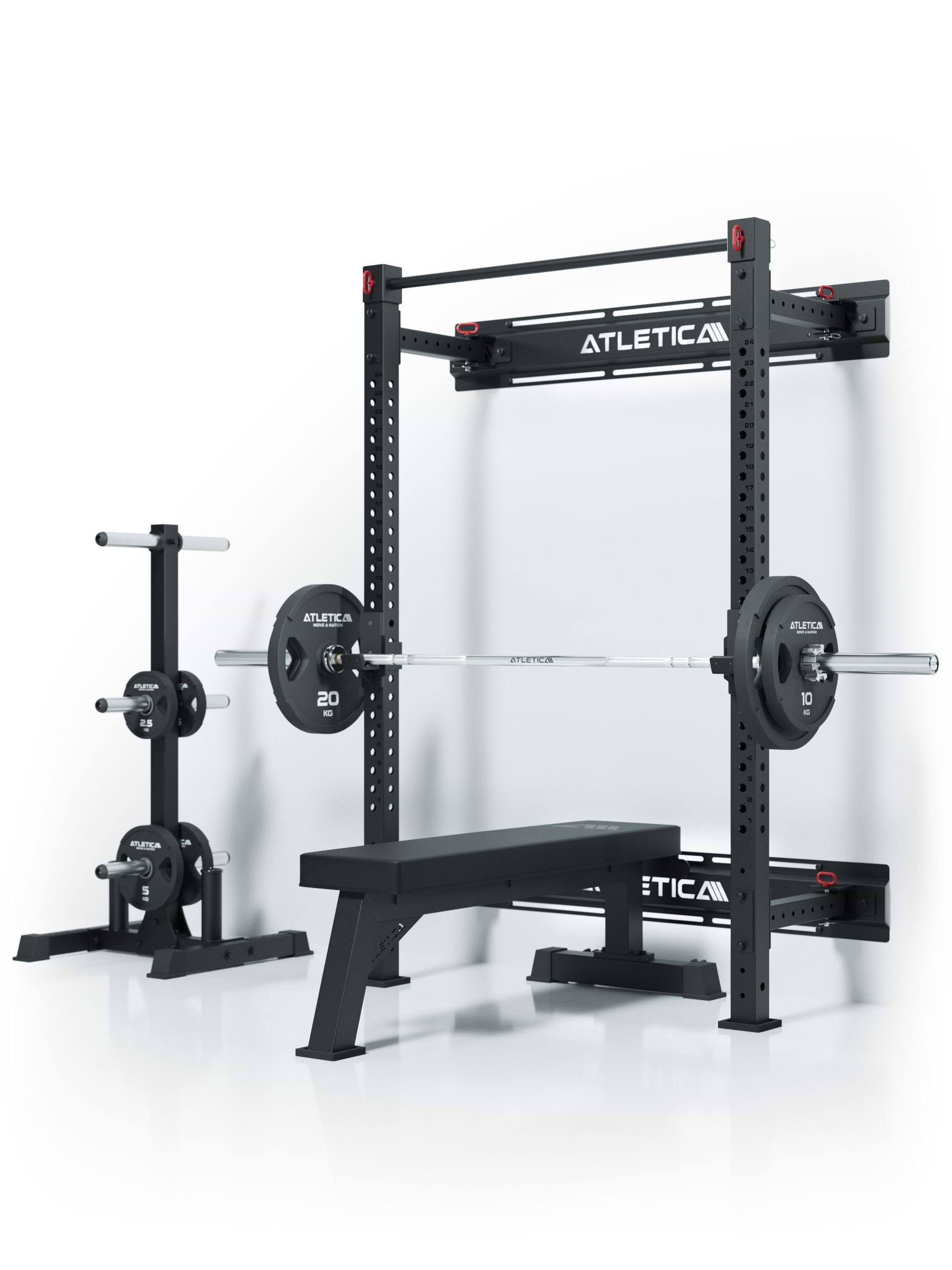 R7 Wall Rack - Power Cage con panca pesi, bilanciere olimpico, dischi, stazione per dip