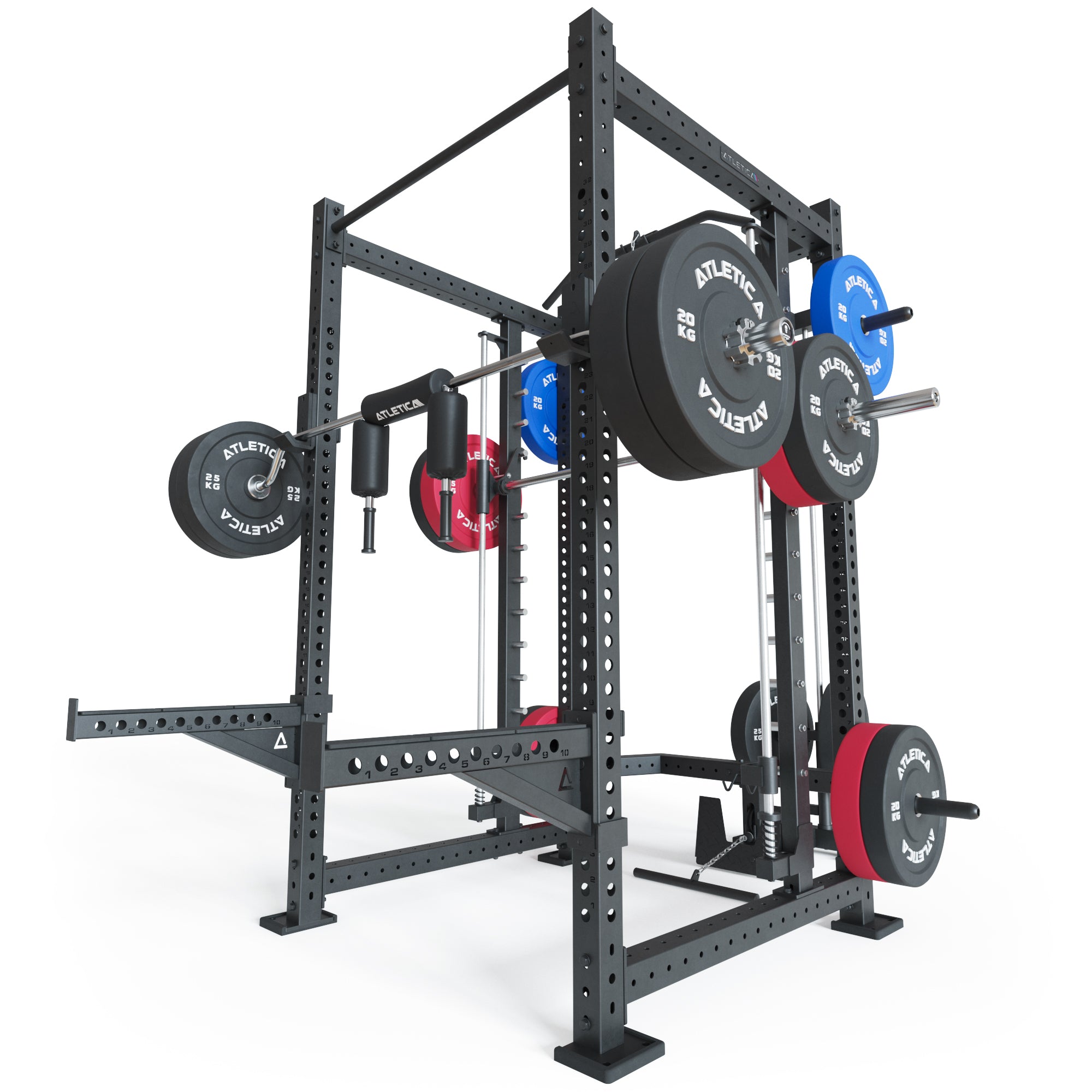 Atletica R8 Spectre Power Rack Long mit Smith Machine und Latzug-Anbau inklusive, Plate Loaded 