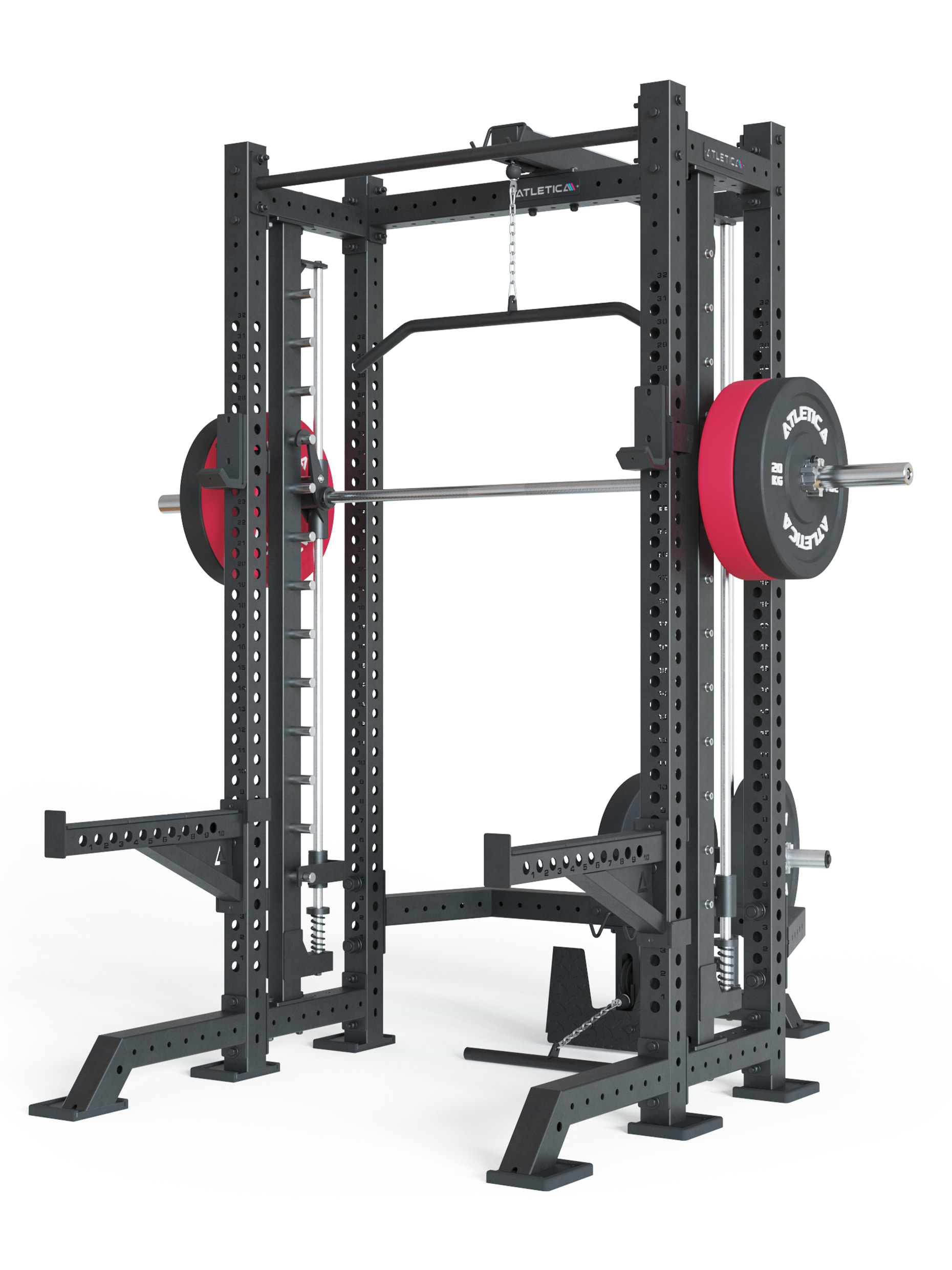 Atletica R8 Spectre Power Rack Kurz mit Smith Machine und Latzug-Anbau, Plate Loaded