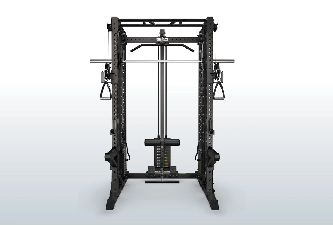 Atletica R7 Fighter Power Rack mit Latzug- und Rudereinheit in frontaler Gesamtansicht