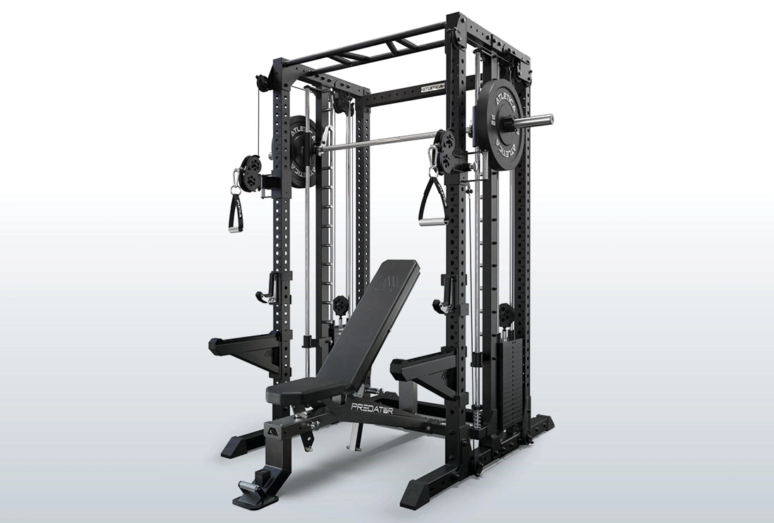 R7 Fighter Base Power Rack mit 2:1 Kabelzugübersetzung, Umlenkrollen, Griffen und Predator Hantelbank