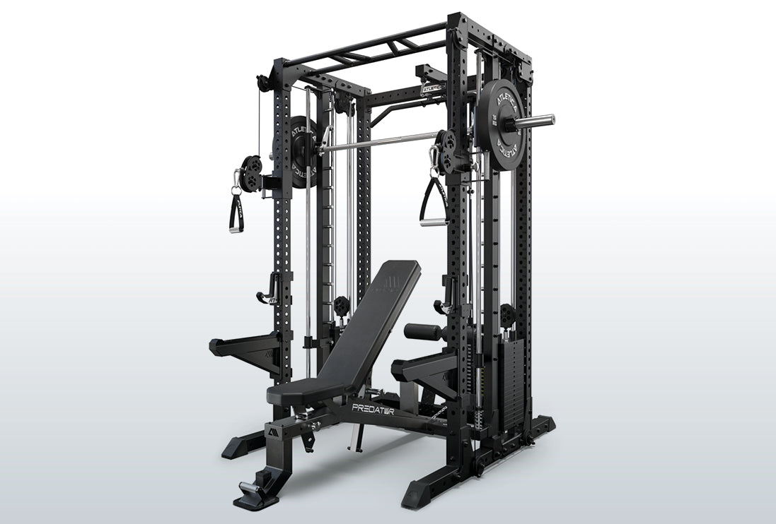 R7 EVO Fighter Power Rack mit zwei 95 kg Kabelzugtürmen, Predator Bench und Kabelzügen