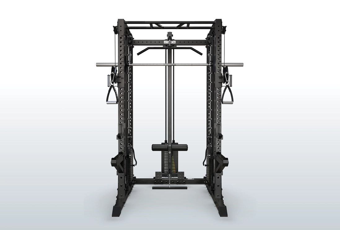 R7 EVO Fighter Power Rack mit Latzug- und Rudereinheit in frontaler Gesamtansicht
