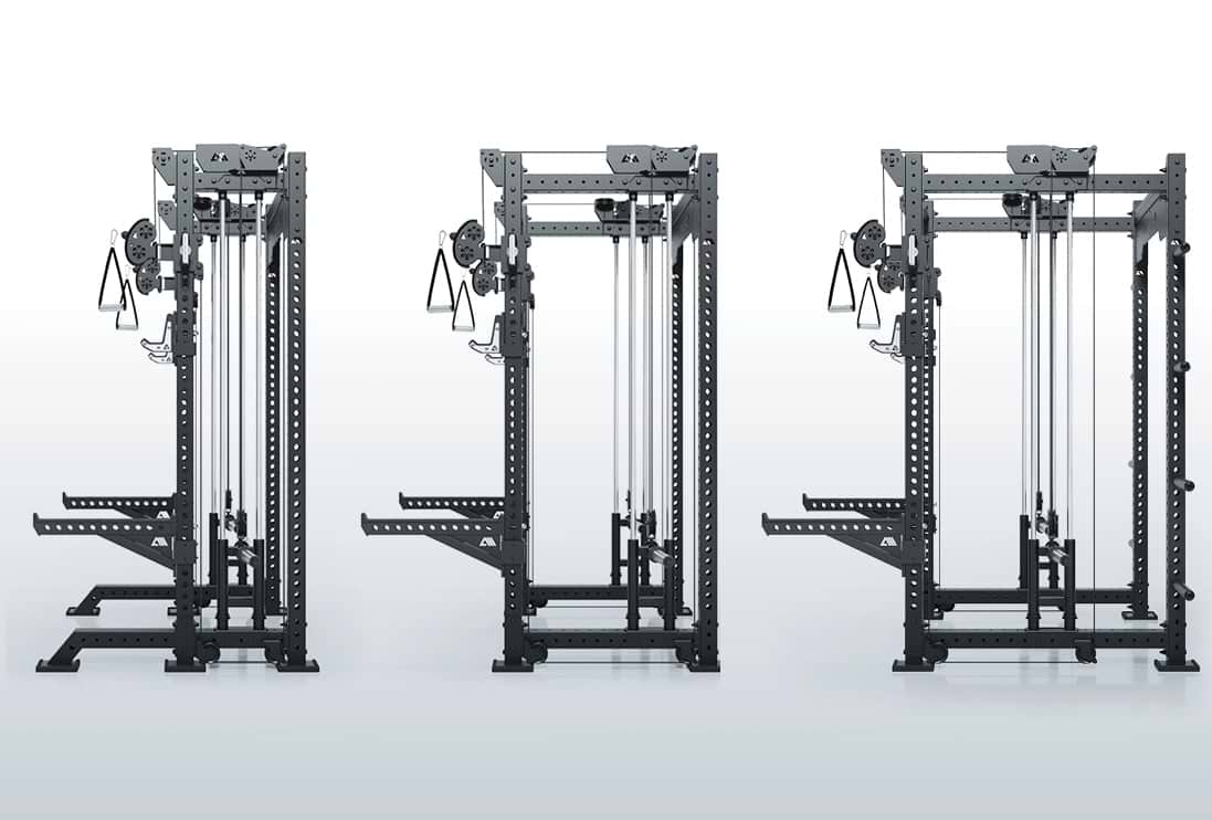 Atletica R8 Power Rack Konfigurator mit drei auswählbaren Rack-Basisvarianten in Seitenansicht