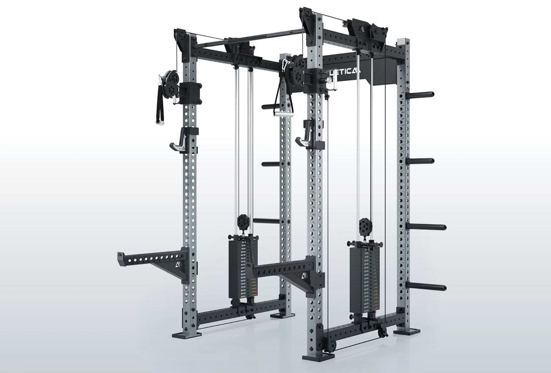 R8 Power Rack Konfigurator mit kompatibler Rack-Konfiguration, Kabelzügen und Gewichtsstapeln