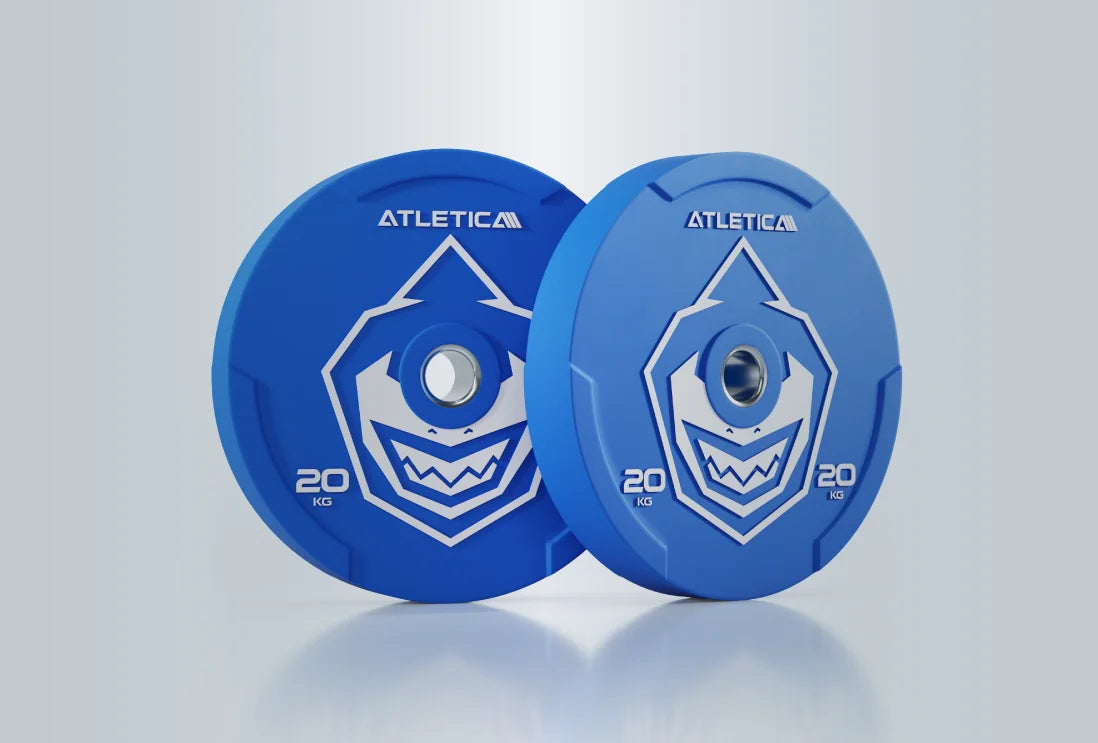 Atletica Animal Bumper Plates 20kg in blau: Hochwertiger, kratzfester und nahezu geruchsneutraler Gummi; wetterbeständiger Edelstahlring