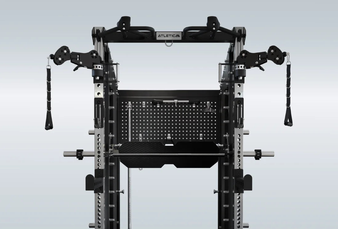 Atletica Defender Multipresse mit integriertem Plate Storage System, Langhantelhalterung und Zubehör-Panel 