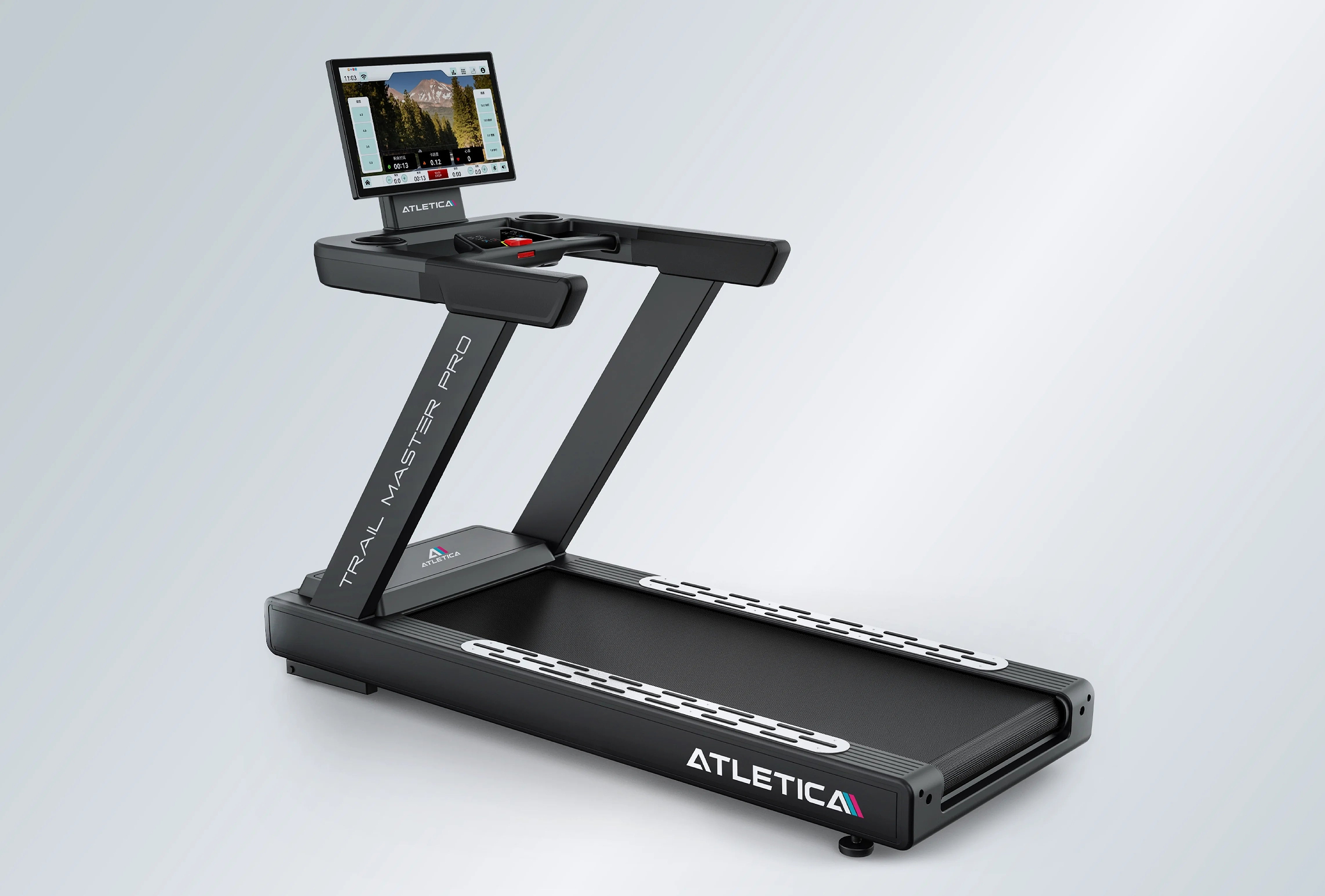 Trailmaster Pro Laufband von Atletica: 149 kg Eigengewicht und massive Frontfüße für festen Stand