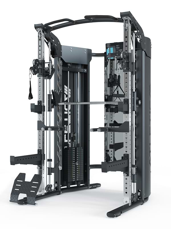 Krachtstation PRO Quantum:
full-bodytraining zonder halterschijven,
Smith Machine - lineair gelagerd,
duale kabelpulley met 2x 90 kg steekgewichten,
bekroond design met veel onderdelen van roestvrij staal,
inclusief trainingsspiegel, smart device-houder en uitgebreide accessoires
