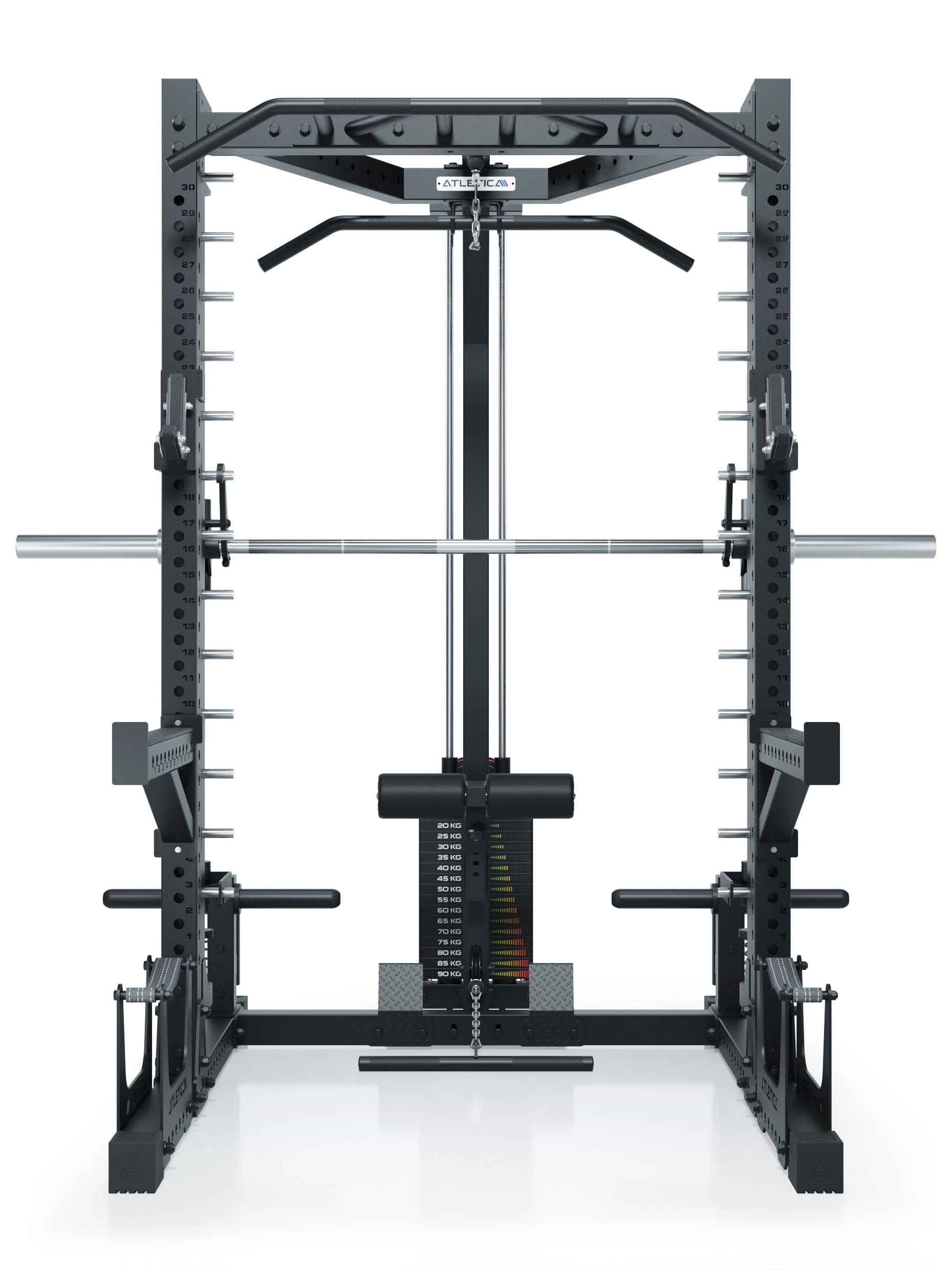 R7 Squat Rack mit Multipresse und 125kg Latzug Nemesis 70x70 Uprights R7 Serie