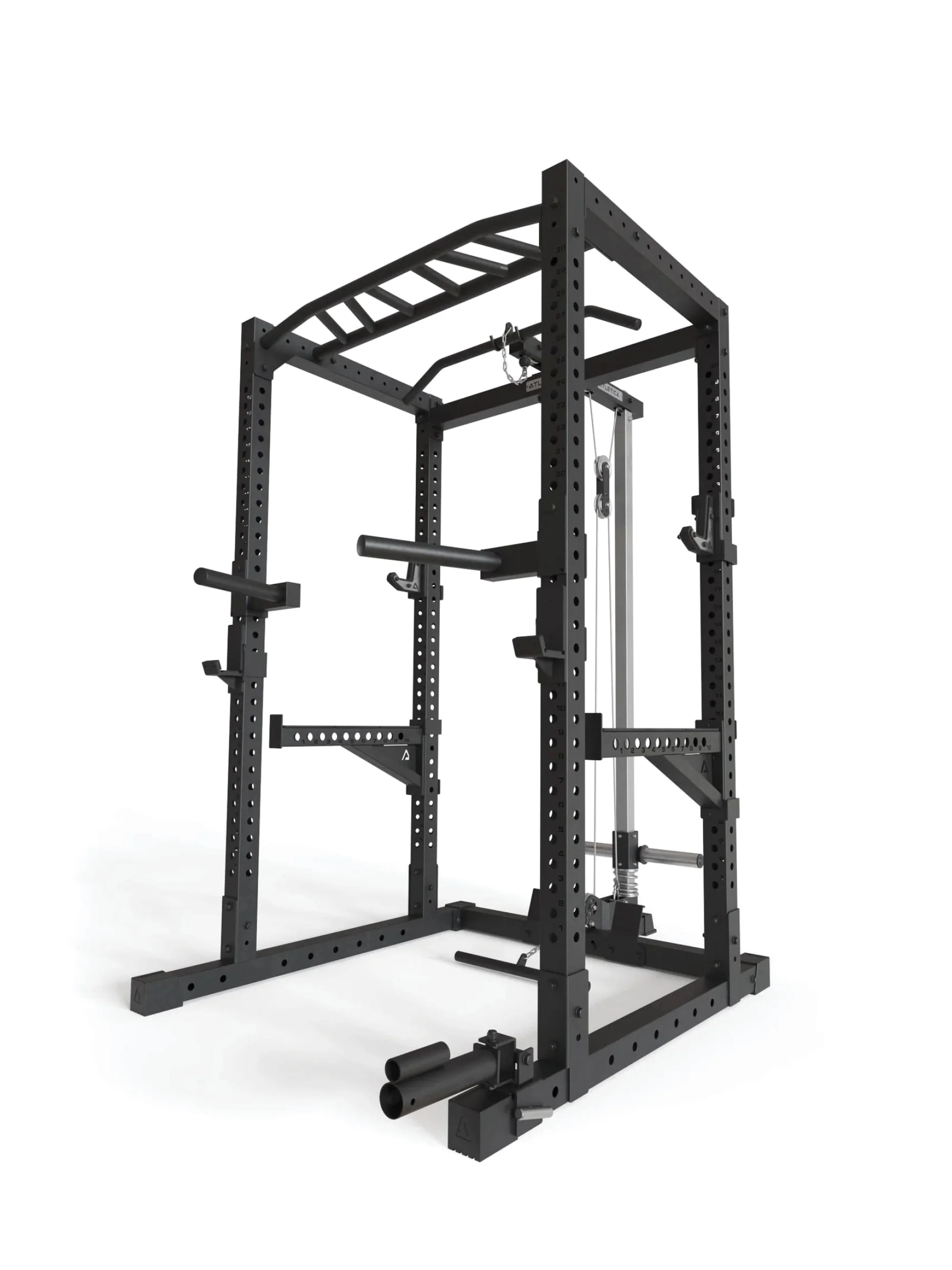 Power Rack R7-Cage: Squat Cage mit Latzug und Ruderstation | Multi-Grip Pull-Up Bar | Dip Station | Spotter Arms | 4 J-Hooks und Landmine | in zwei Höhen verfügbar, #size_224-cm