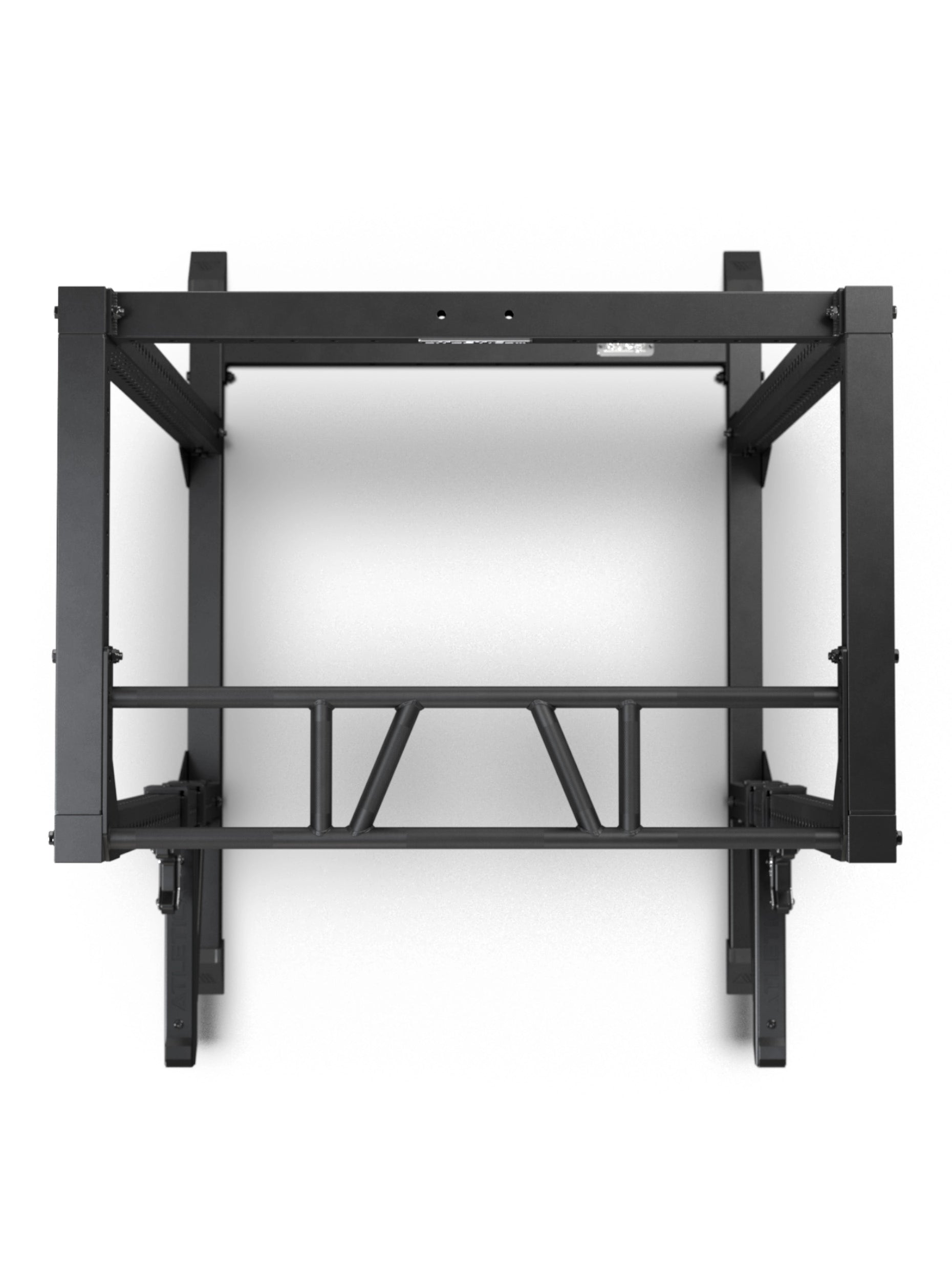 R7 Root Power Rack 224 cm: 4-Pfosten Cage Draufsicht mit Performance J-Hooks, Spotter Arms und Multi-Grip Pull Up Bar