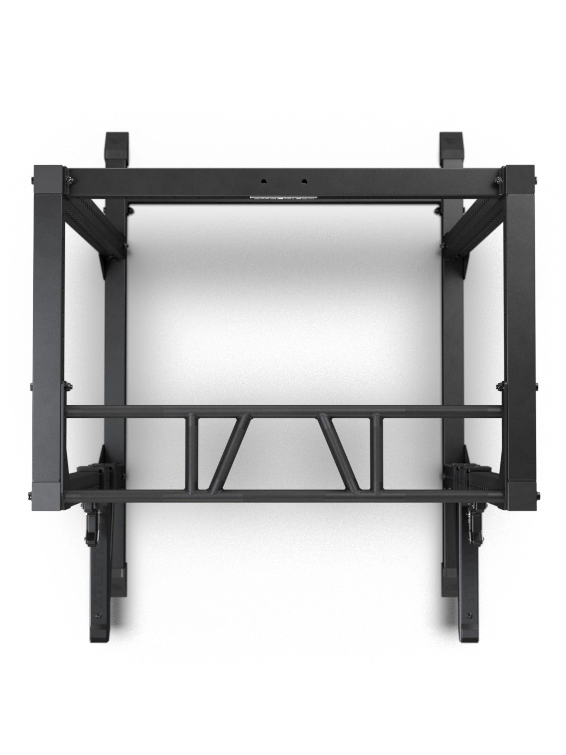 R7 Root Power Rack 204 cm: 4-Pfosten Cage Draufsicht mit Performance J-Hooks, Spotter Arms und Multi-Grip Pull Up Bar