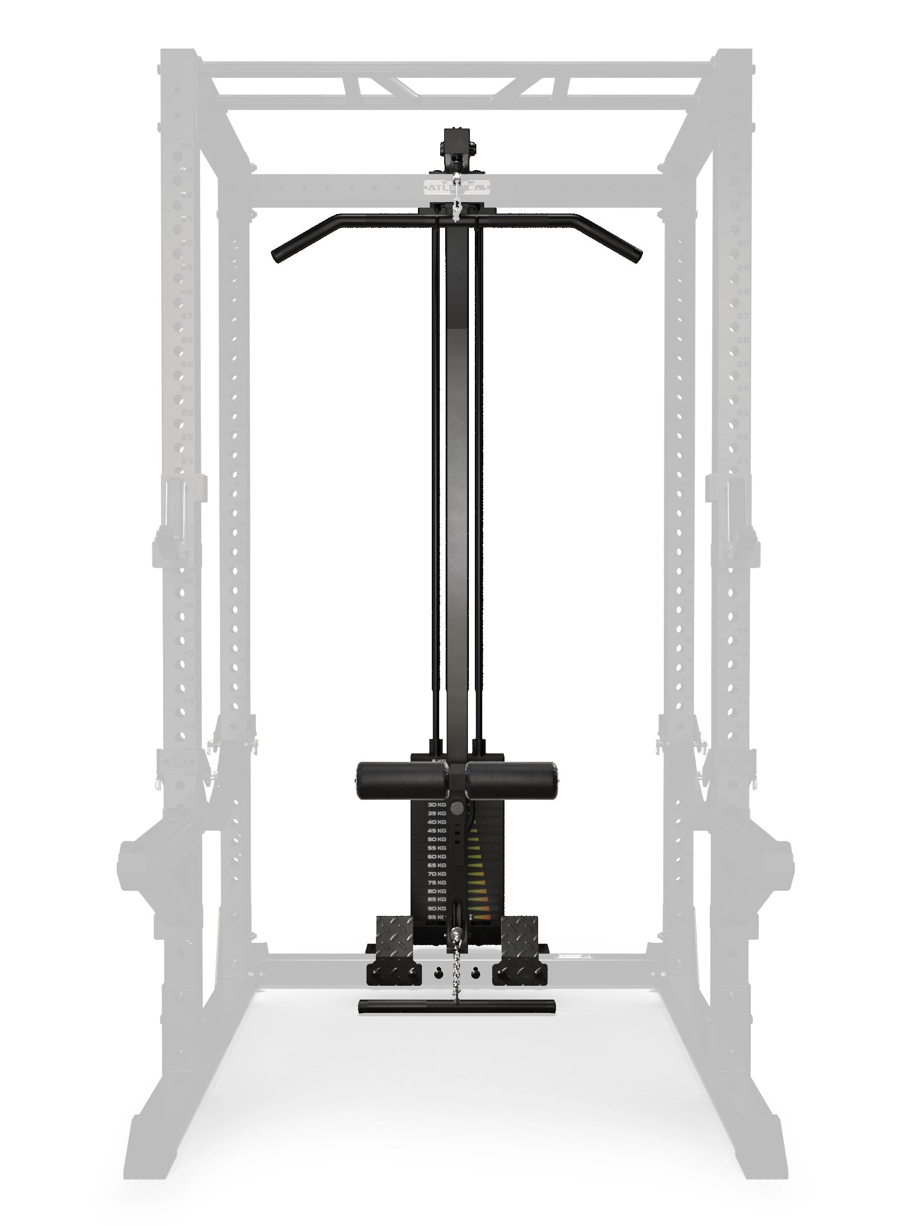 Frontansicht der R7 Latzug-Erweiterung mit Steckgewichten High Version, montiert an der Rückseite eines R7 Atletica Power Racks