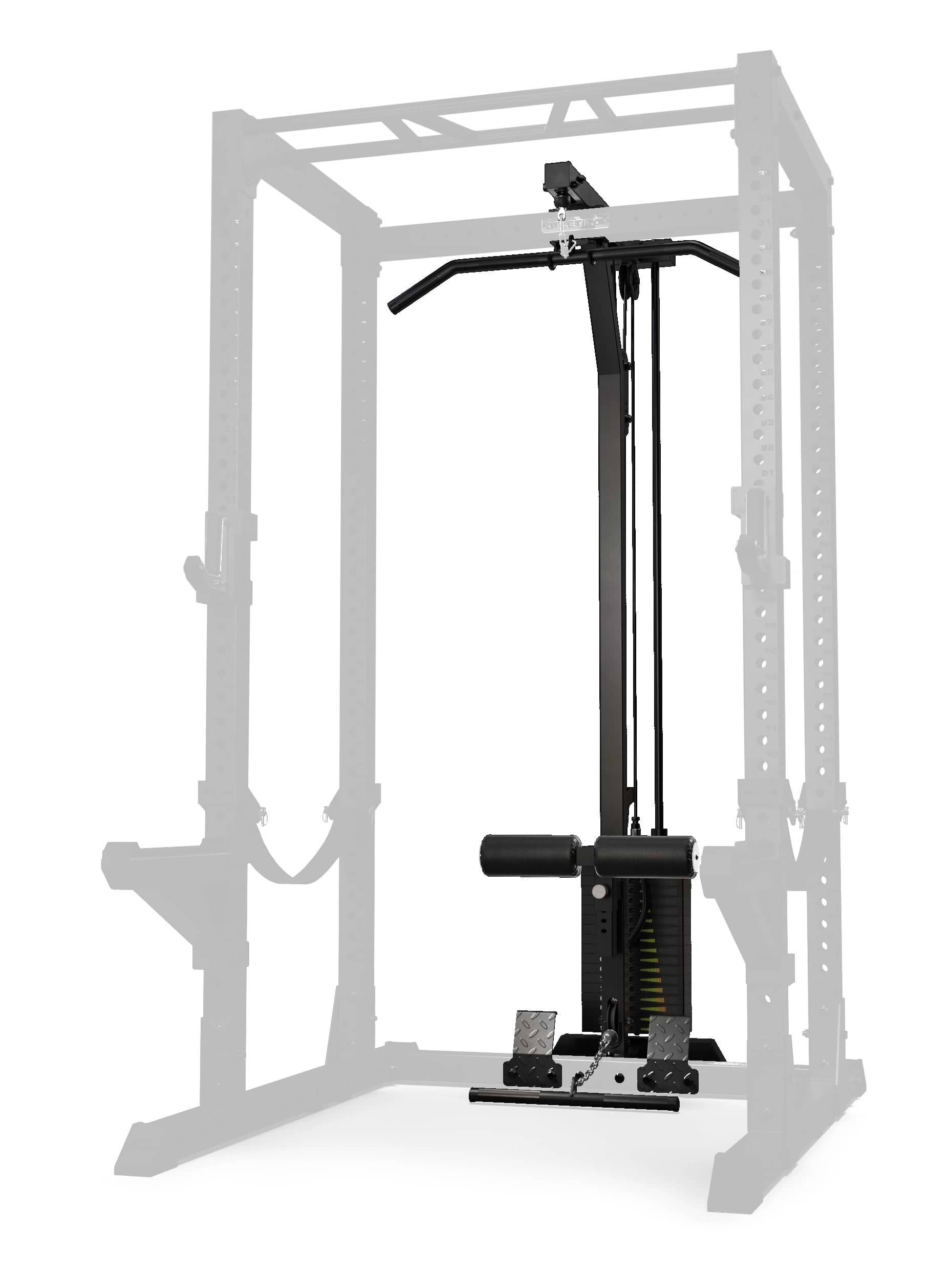 R7 Latzug-Erweiterung mit Steckgewichten High Version, integriert in ein Atletica Power Rack