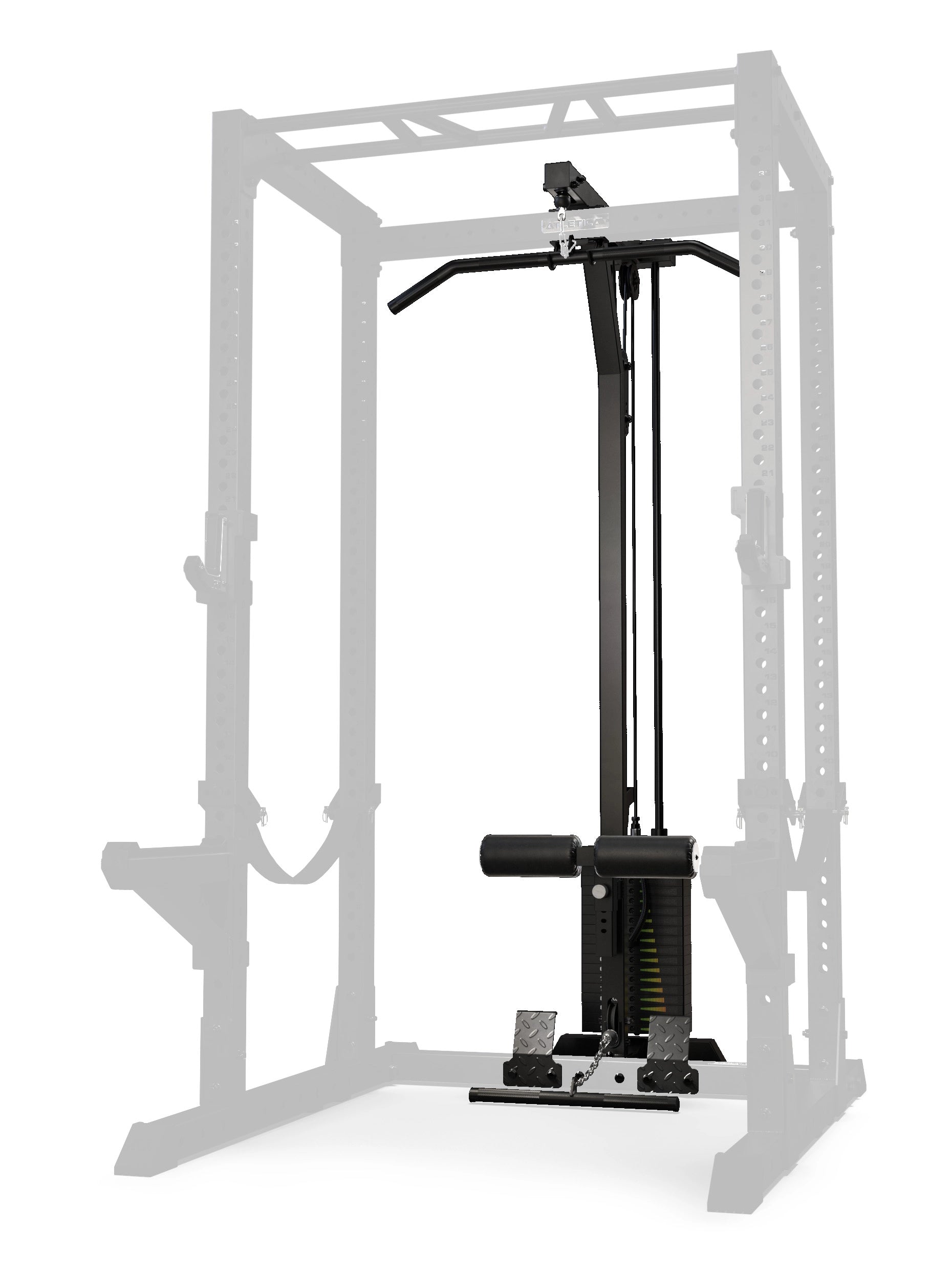 R7 Latzug-Erweiterung mit Steckgewichten High Version, integriert in ein Atletica Power Rack