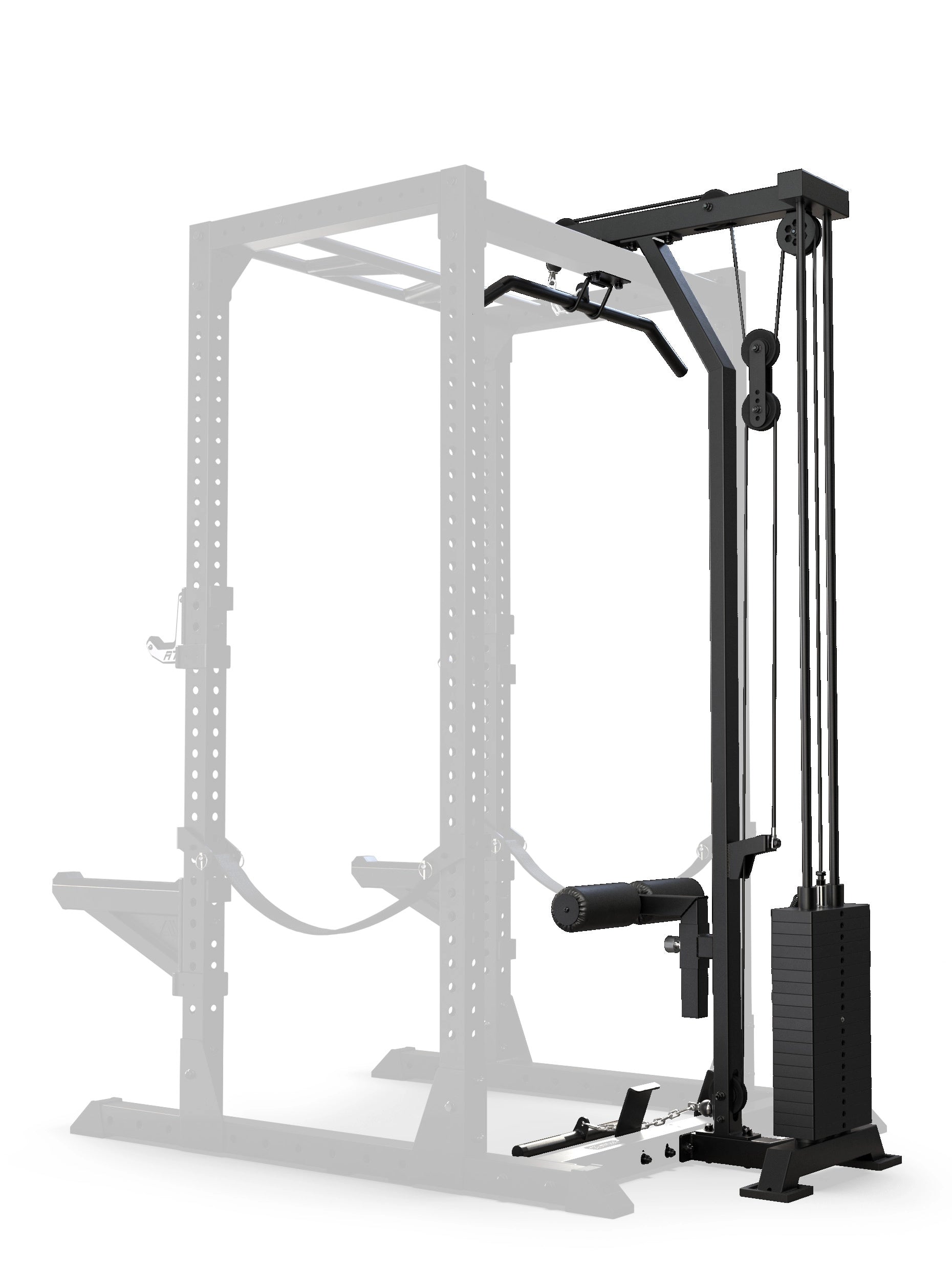 R7 Latzug mit Steckgewichten High Version: Seitenansicht der Erweiterung, installiert am hinteren Teil eines Power Racks