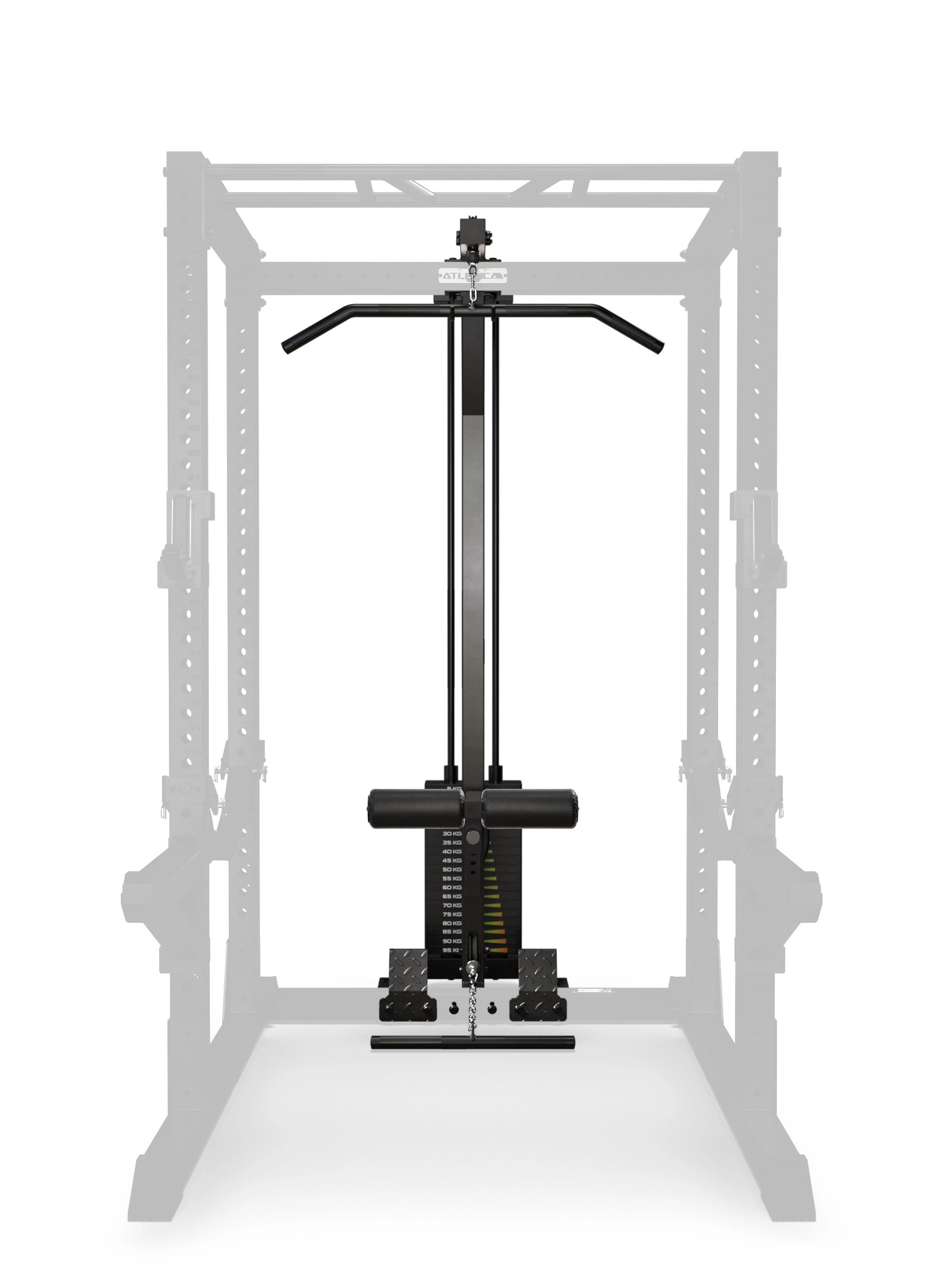Frontansicht der R7 Latzug-Erweiterung mit Steckgewichten Low Version, montiert an der Rückseite eines R7 Atletica Power Racks