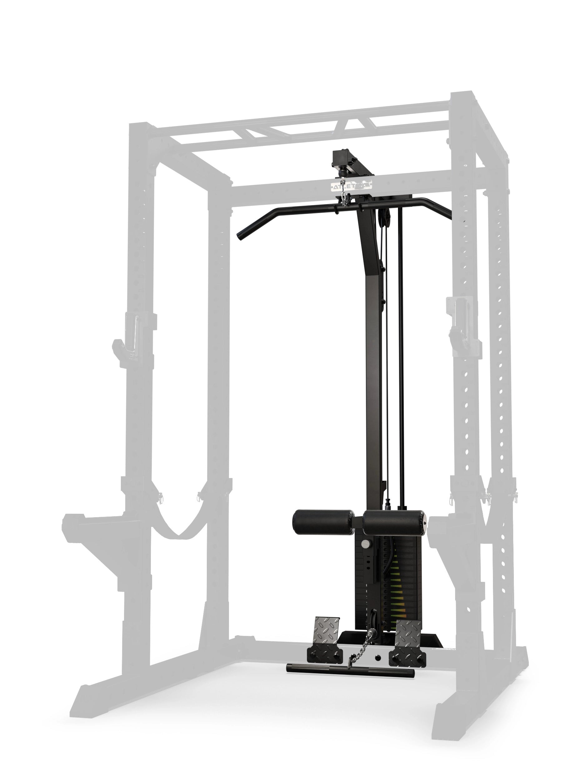 R7 Latzug mit Steckgewichten Low Version, integriert in ein Atletica Power Rack