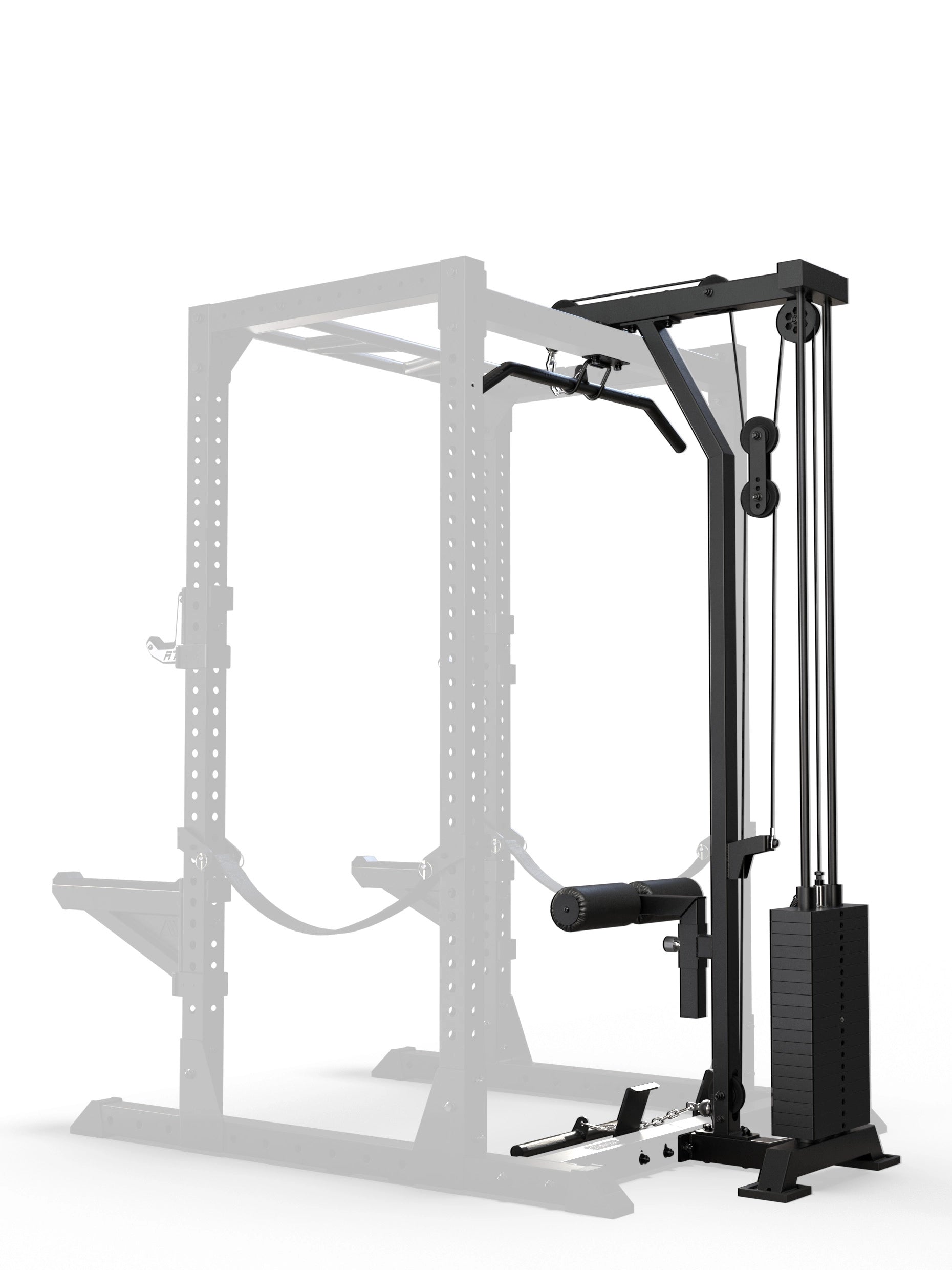 R7 Latzug mit Steckgewichten Low Version: Seitenansicht der Erweiterung, installiert am hinteren Teil eines Power Racks