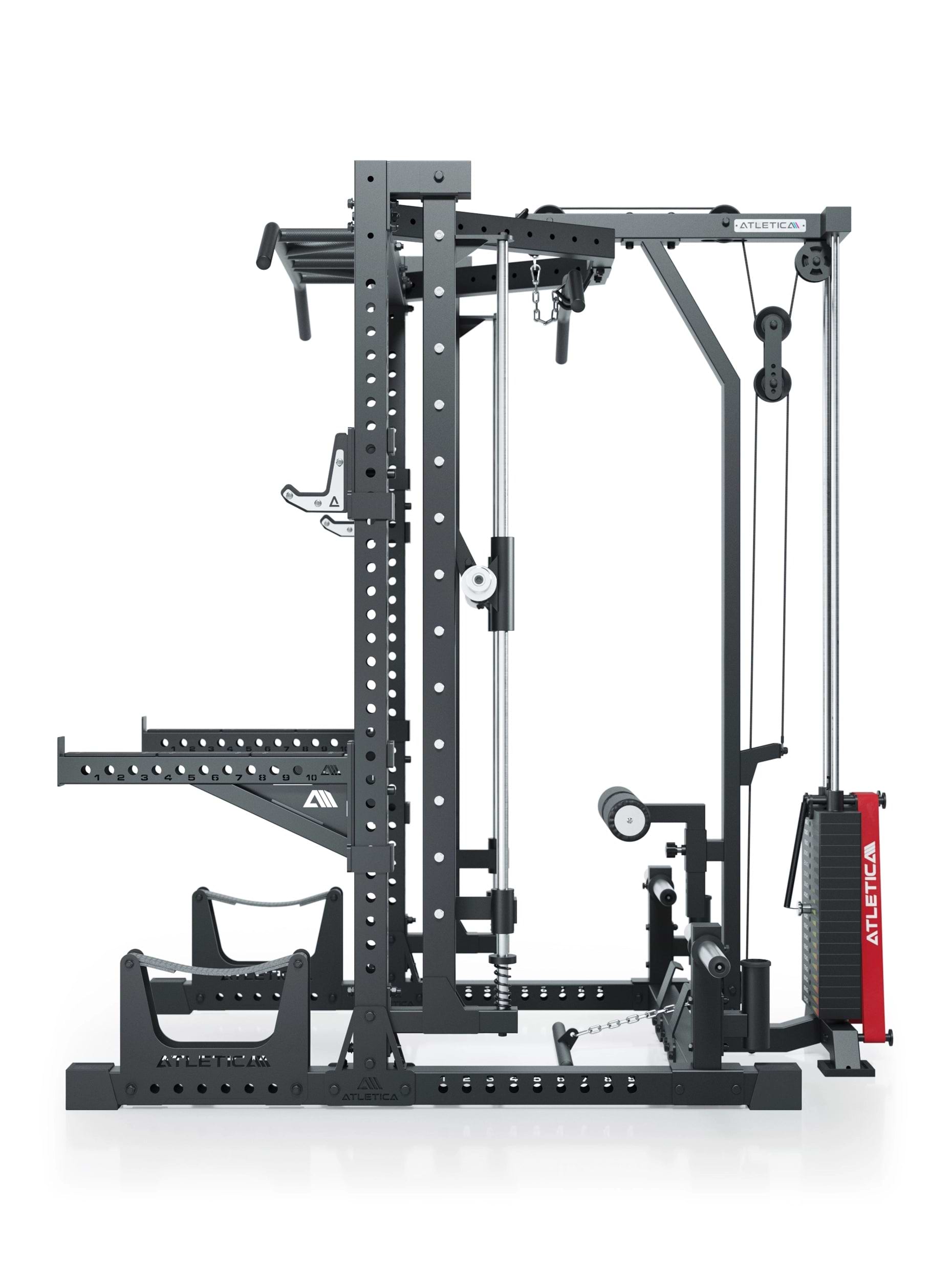 Squat Rack R7 Serie: mit Multipresse und 125kg Latzug Nemesis 70x70 Uprights 