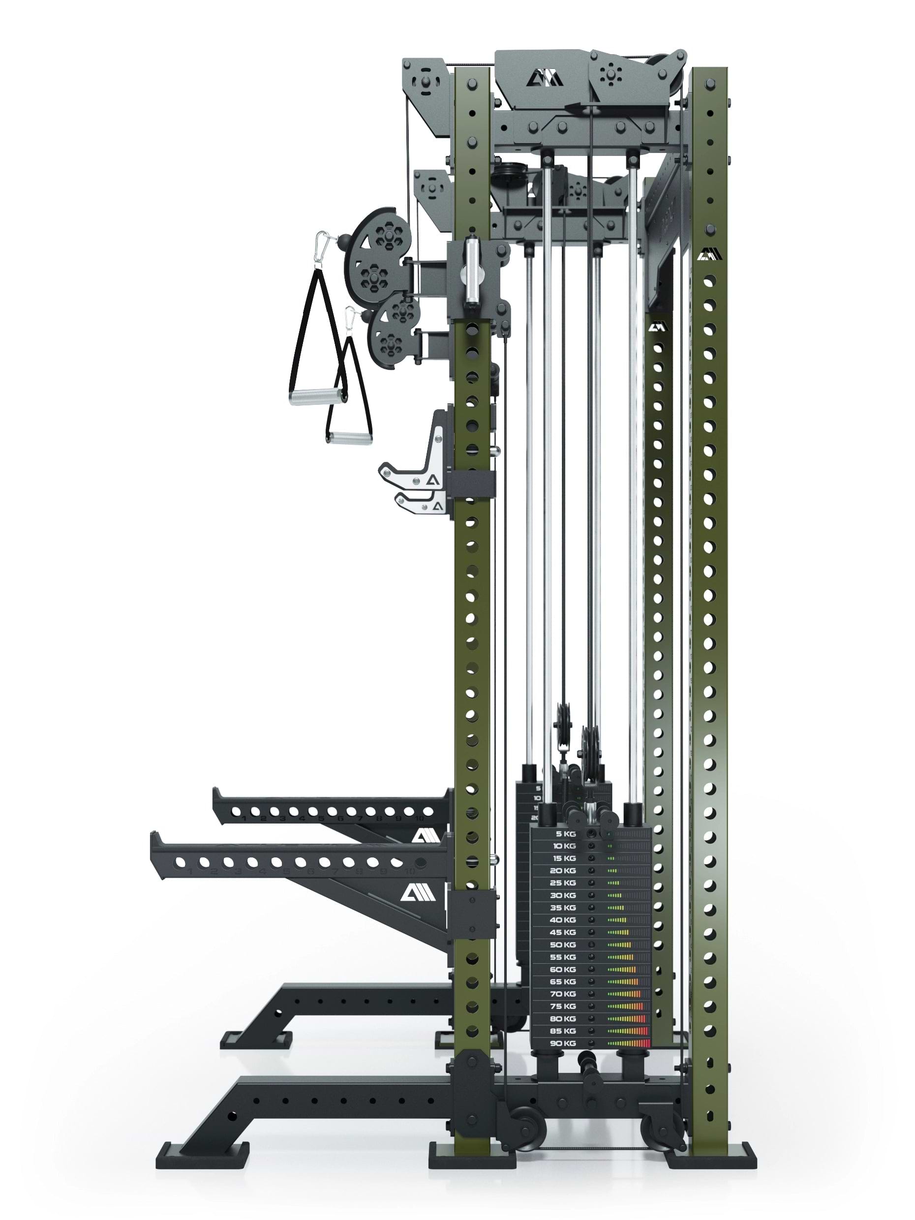 Power Rack R8-Bradley Kabelzug Station: Power Rack mit Seilzug und 2x90kg seitlichen Gewichtsblocks | Modular ausbaubar mit Multipresse und Jammer Arms | 
