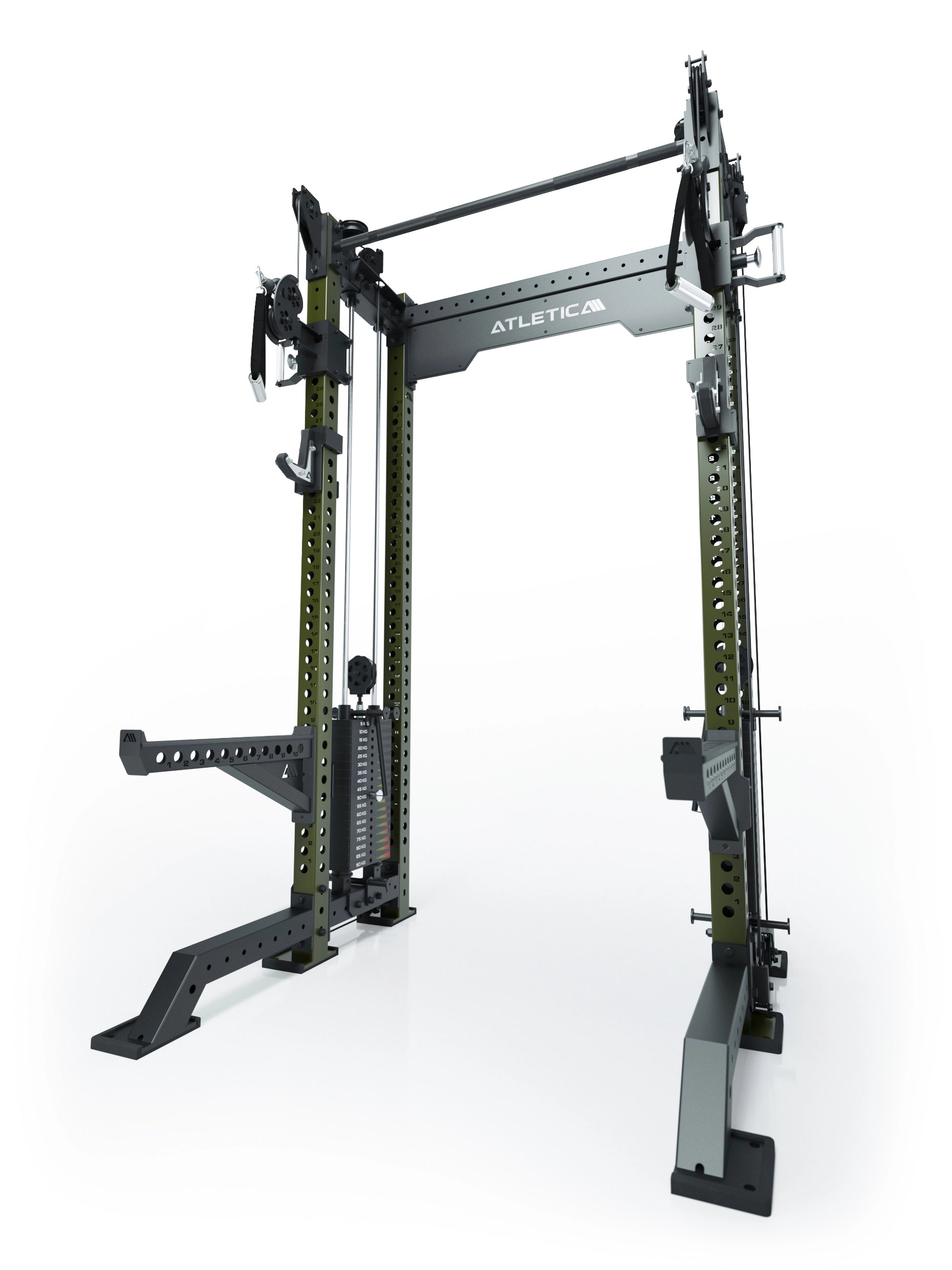 Dualer Kabelzug mit 2x95kg seitlichen Gewichtsblöcken | Sehr stabil und platzsparend | Modular ausbaubar mit Anbauteilen wie Jammer Arms I Military Green