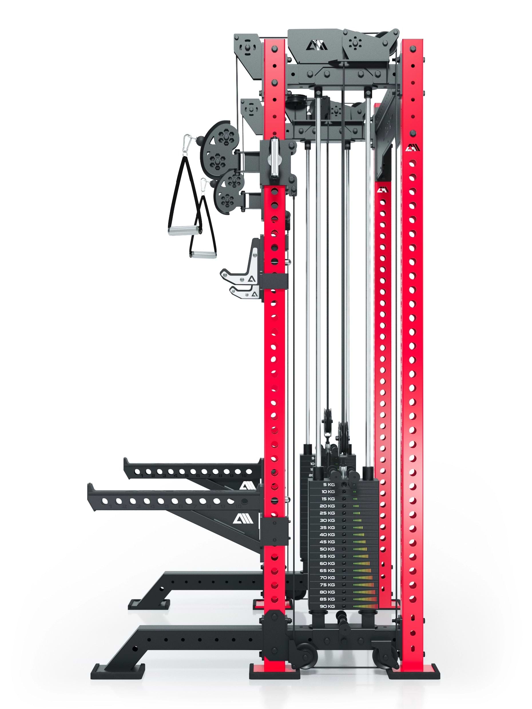 Power Rack R8-Bradley Kabelzug Station: Power Rack mit Seilzug und 2x90kg seitlichen Gewichtsblocks | Modular ausbaubar mit Multipresse und Jammer Arms |