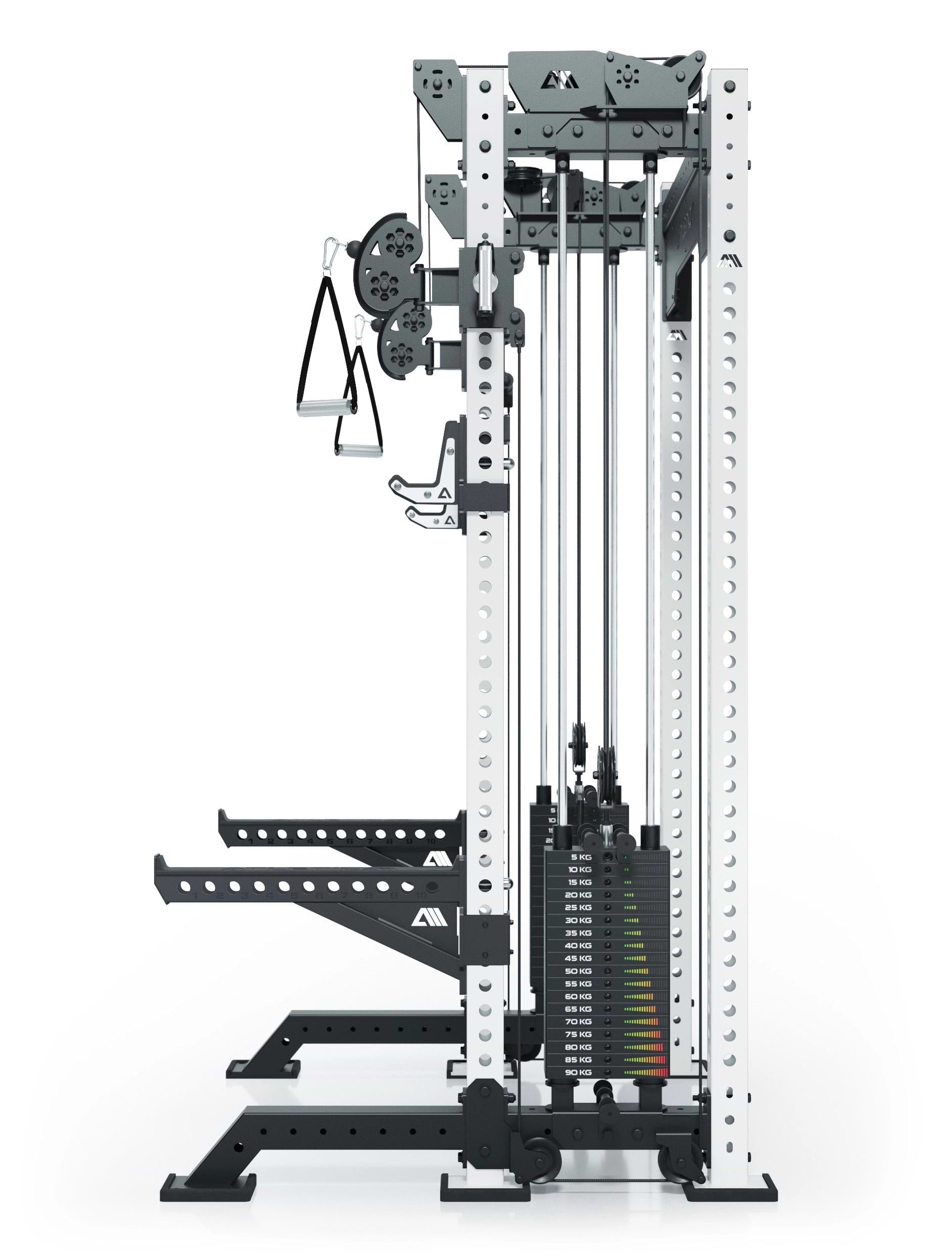 Power Rack R8-Bradley Kabelzug Station: Power Rack mit Seilzug und 2x90kg seitlichen Gewichtsblocks | Modular ausbaubar mit Multipresse und Jammer Arms |