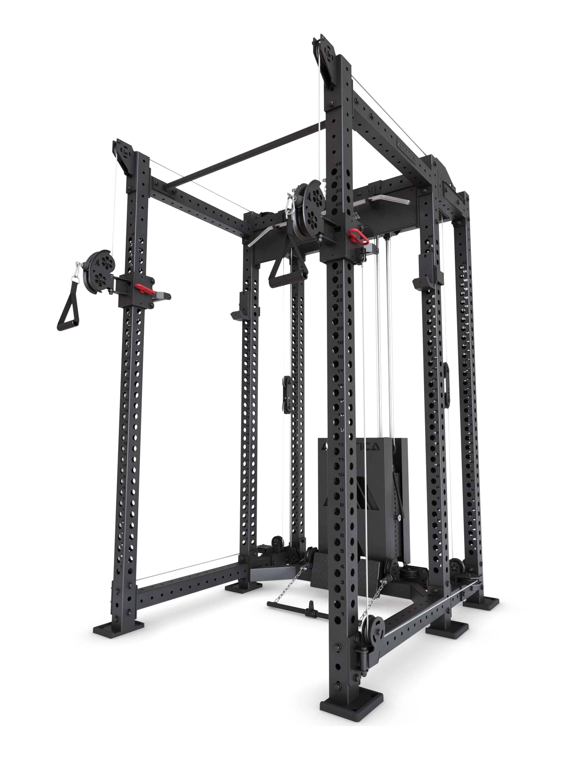 Power Rack R8-Alpha: Squat Rack & Kabelzug | 180kg Steckgewichte für Cable Cross, Latzug, Rudern | Klimmzugstange, J-Hooks | 6-Pfosten
