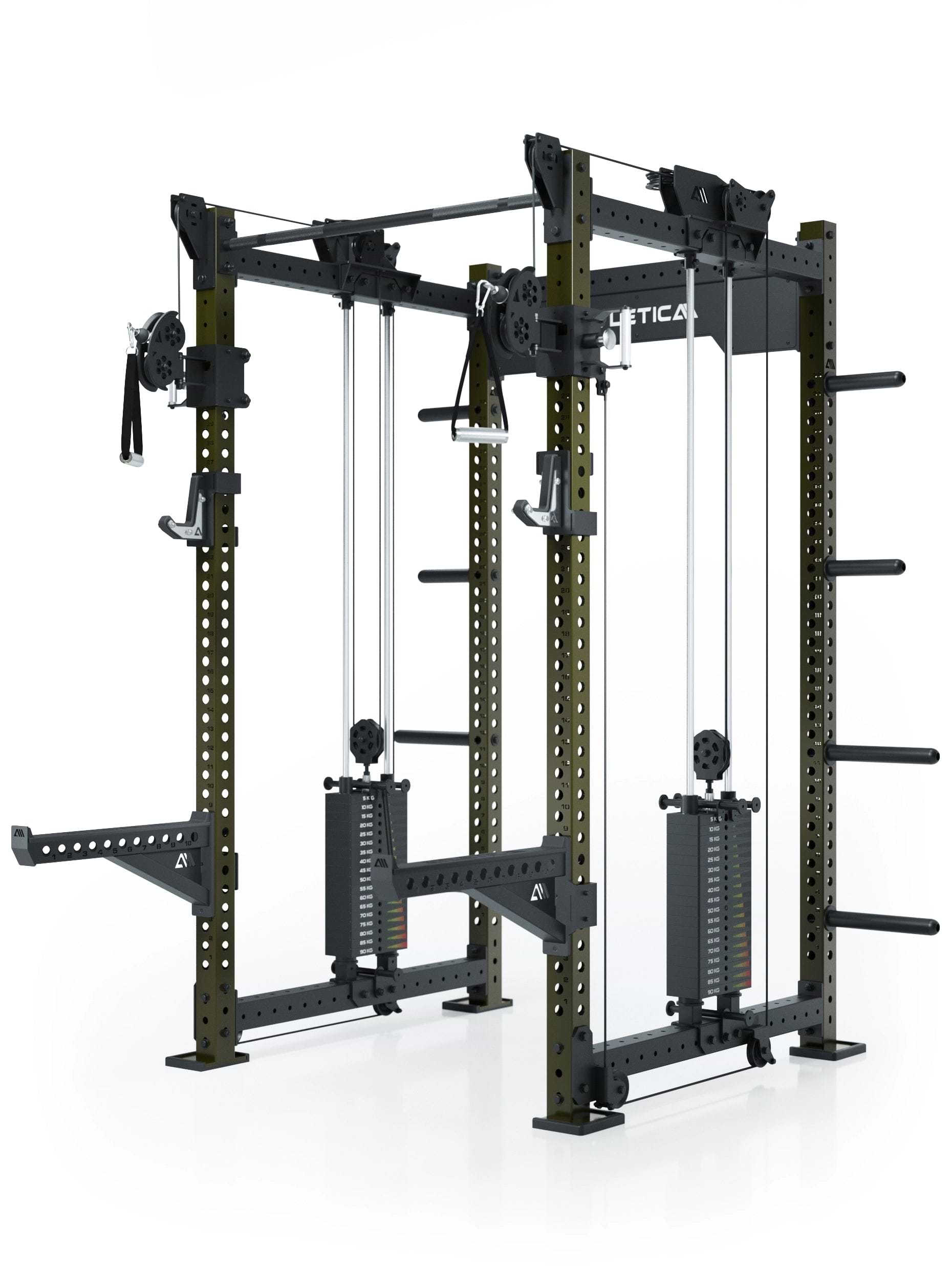 Dualer Kabelzug mit 2x95kg seitlichen Gewichtsblöcken | Sehr stabil | Modular ausbaubar mit Anbauteilen wie Smith Machine und Jammer Arms I Military Green