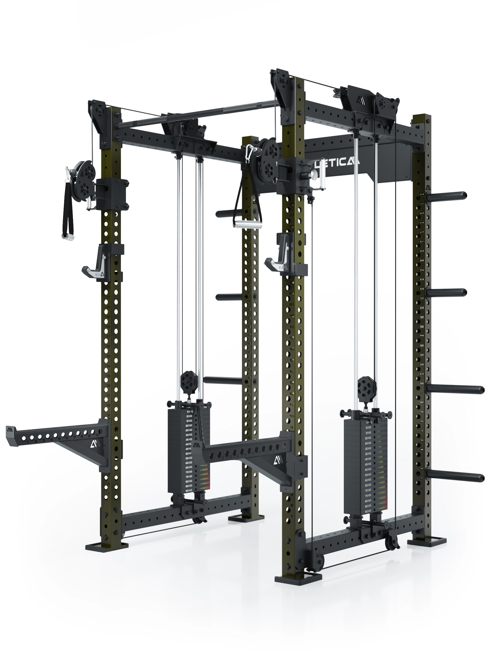 Dualer Kabelzug mit 2x95kg seitlichen Gewichtsblöcken | Sehr stabil | Modular ausbaubar mit Anbauteilen wie Smith Machine und Jammer Arms I Military Green