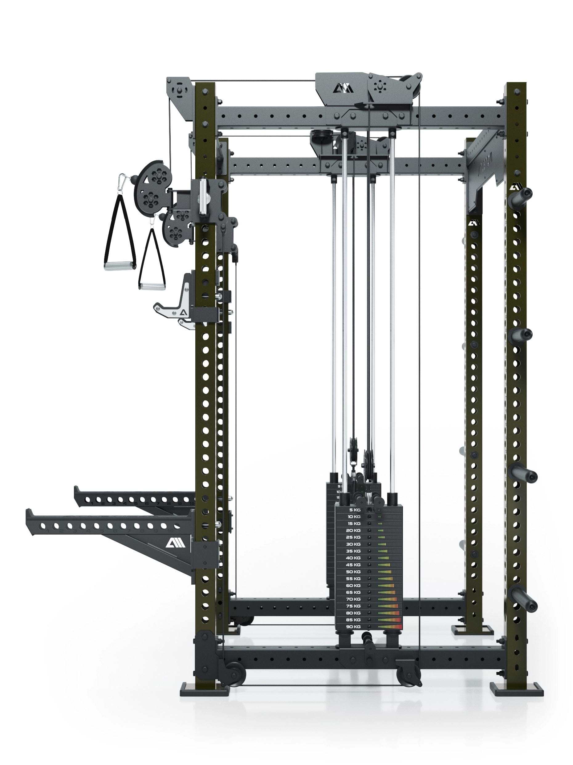 Dualer Kabelzug mit 2x95kg seitlichen Gewichtsblöcken | Sehr stabil | Modular ausbaubar mit Anbauteilen wie Smith Machine und Jammer Arms I Military Green