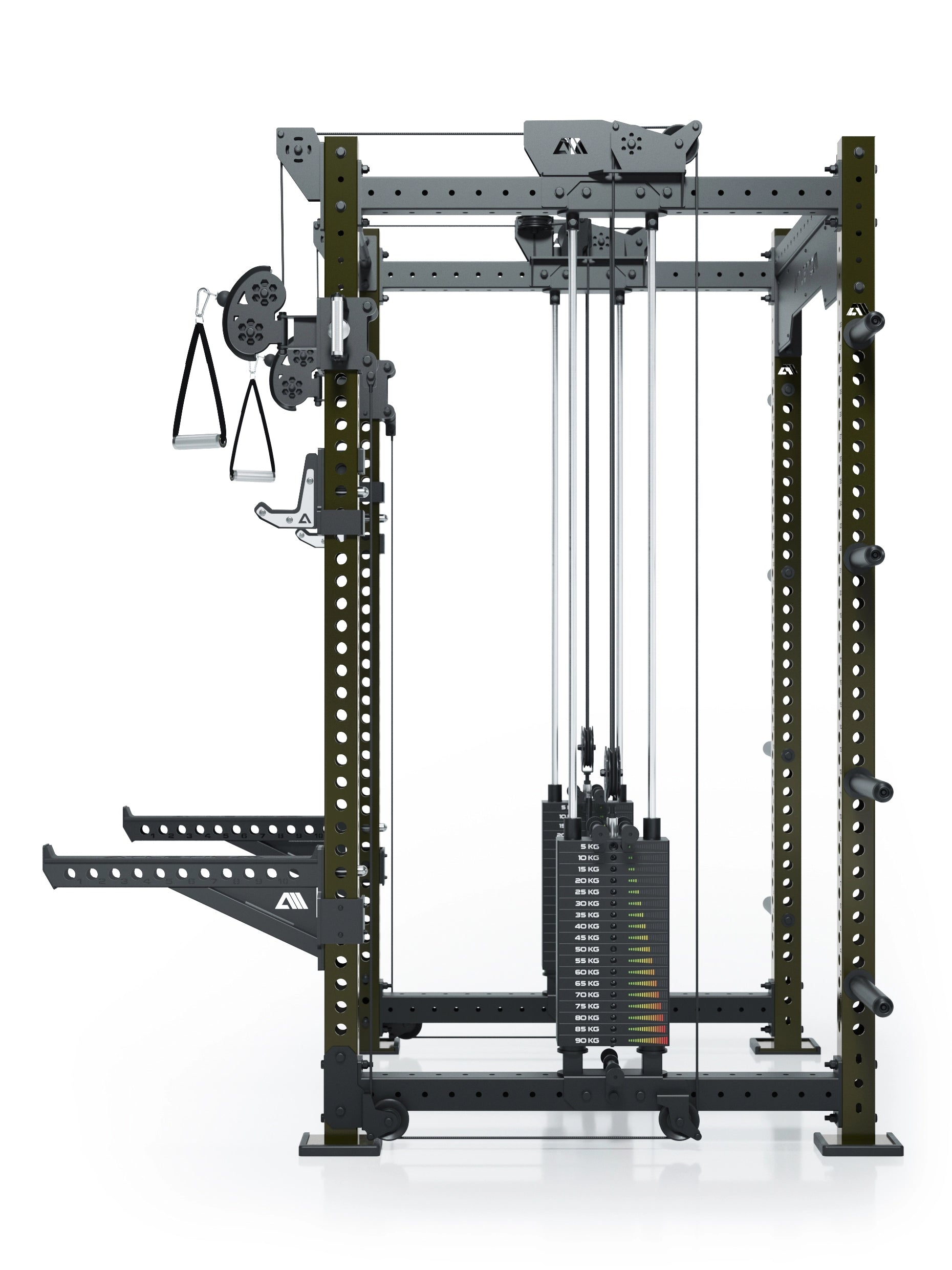 Dualer Kabelzug mit 2x95kg seitlichen Gewichtsblöcken | Sehr stabil | Modular ausbaubar mit Anbauteilen wie Smith Machine und Jammer Arms I Military Green