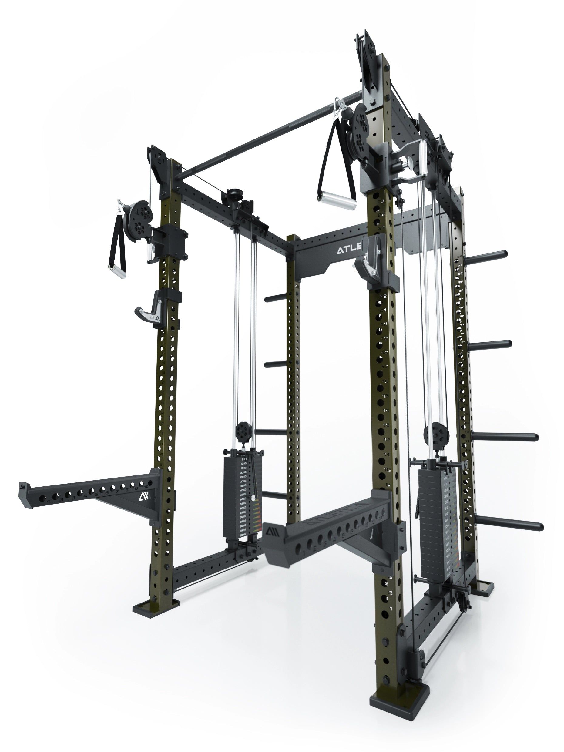 Dualer Kabelzug mit 2x95kg seitlichen Gewichtsblöcken | Sehr stabil | Modular ausbaubar mit Anbauteilen wie Smith Machine und Jammer Arms I Military Green