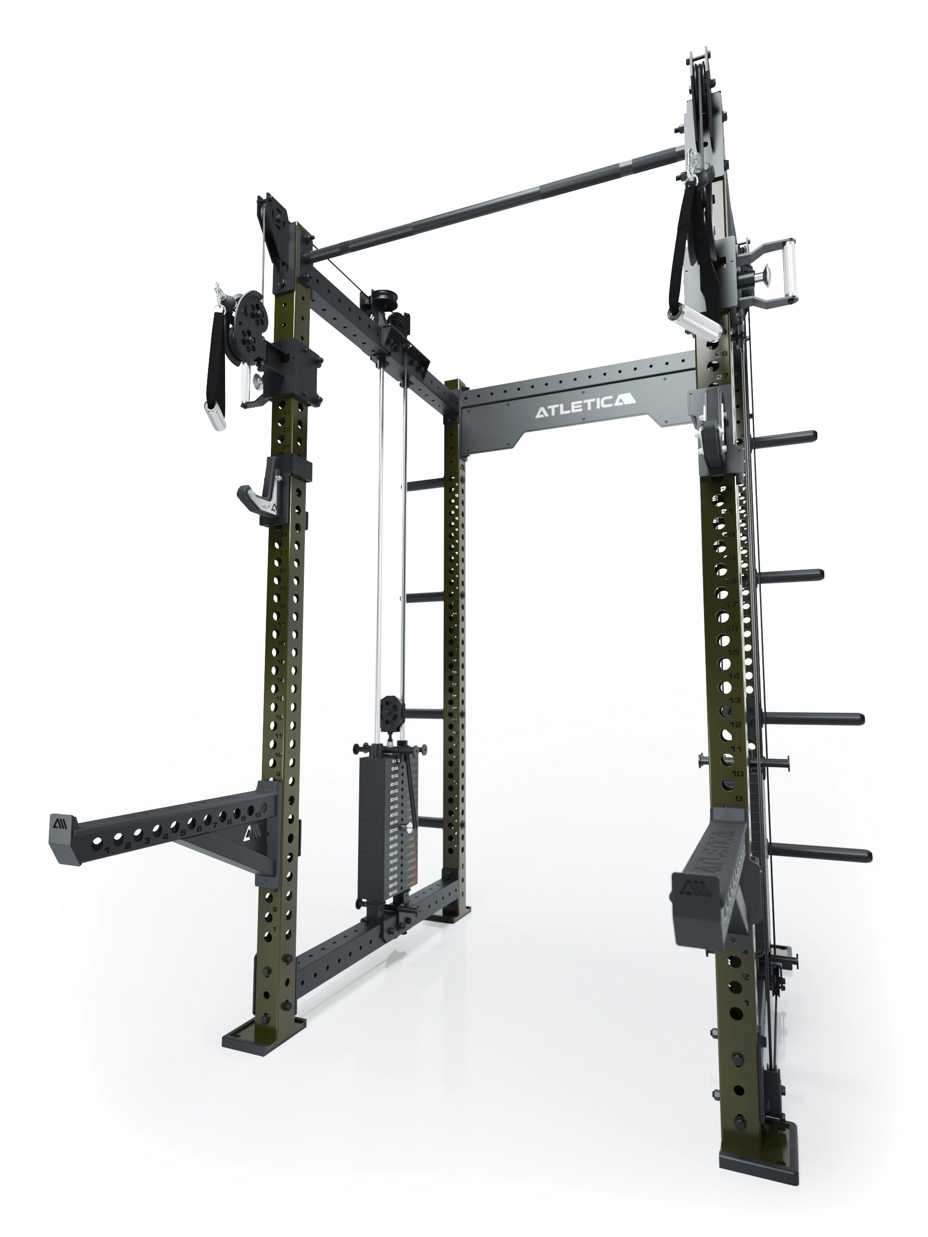 Dualer Kabelzug mit 2x95kg seitlichen Gewichtsblöcken | Sehr stabil | Modular ausbaubar mit Anbauteilen wie Smith Machine und Jammer Arms I Military Green