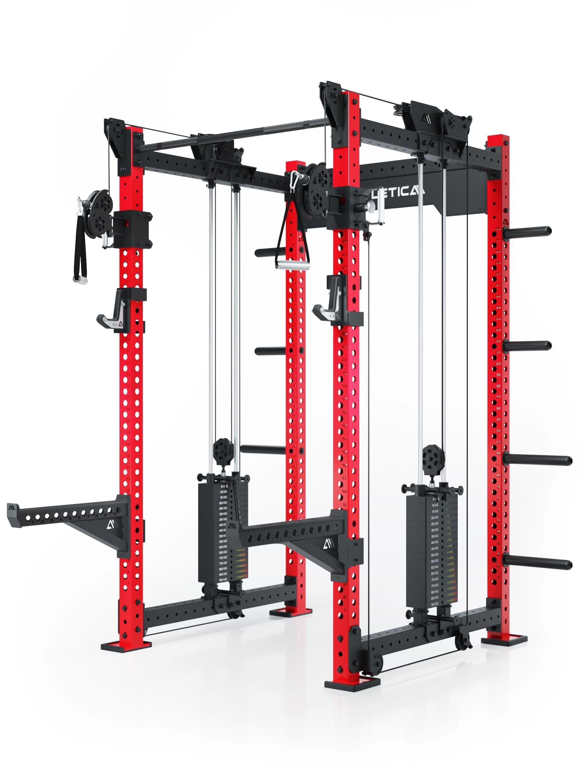 Dualer Kabelzug mit 2x95kg seitlichen Gewichtsblöcken | Sehr stabil | Modular ausbaubar mit Anbauteilen wie Smith Machine und Jammer Arms I Sportscar Red