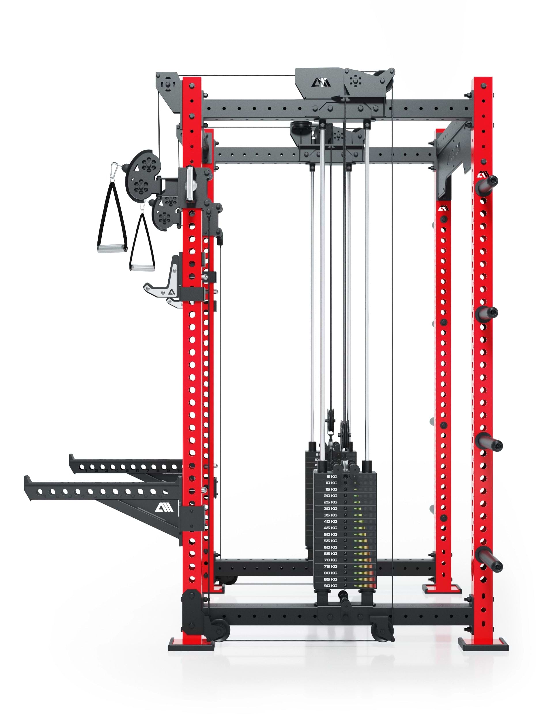 Dualer Kabelzug mit 2x95kg seitlichen Gewichtsblöcken | Sehr stabil | Modular ausbaubar mit Anbauteilen wie Smith Machine und Jammer Arms I Sportscar Red