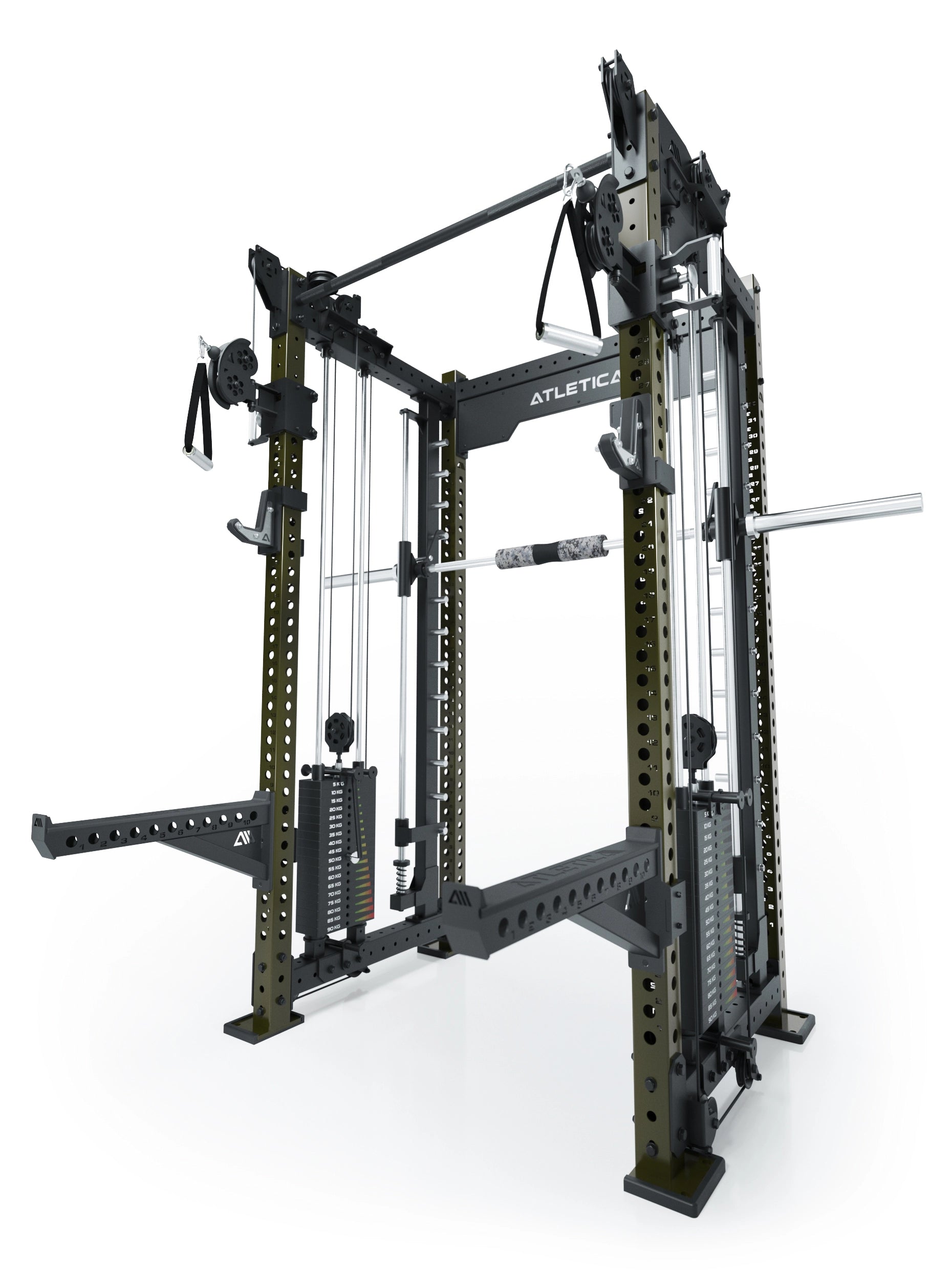 Dualer Kabelzug mit 2x95kg seitlichen Gewichtsblöcken | Sehr stabil | Modular ausbaubar mit Anbauteilen wie Jammer Arms I Military Green