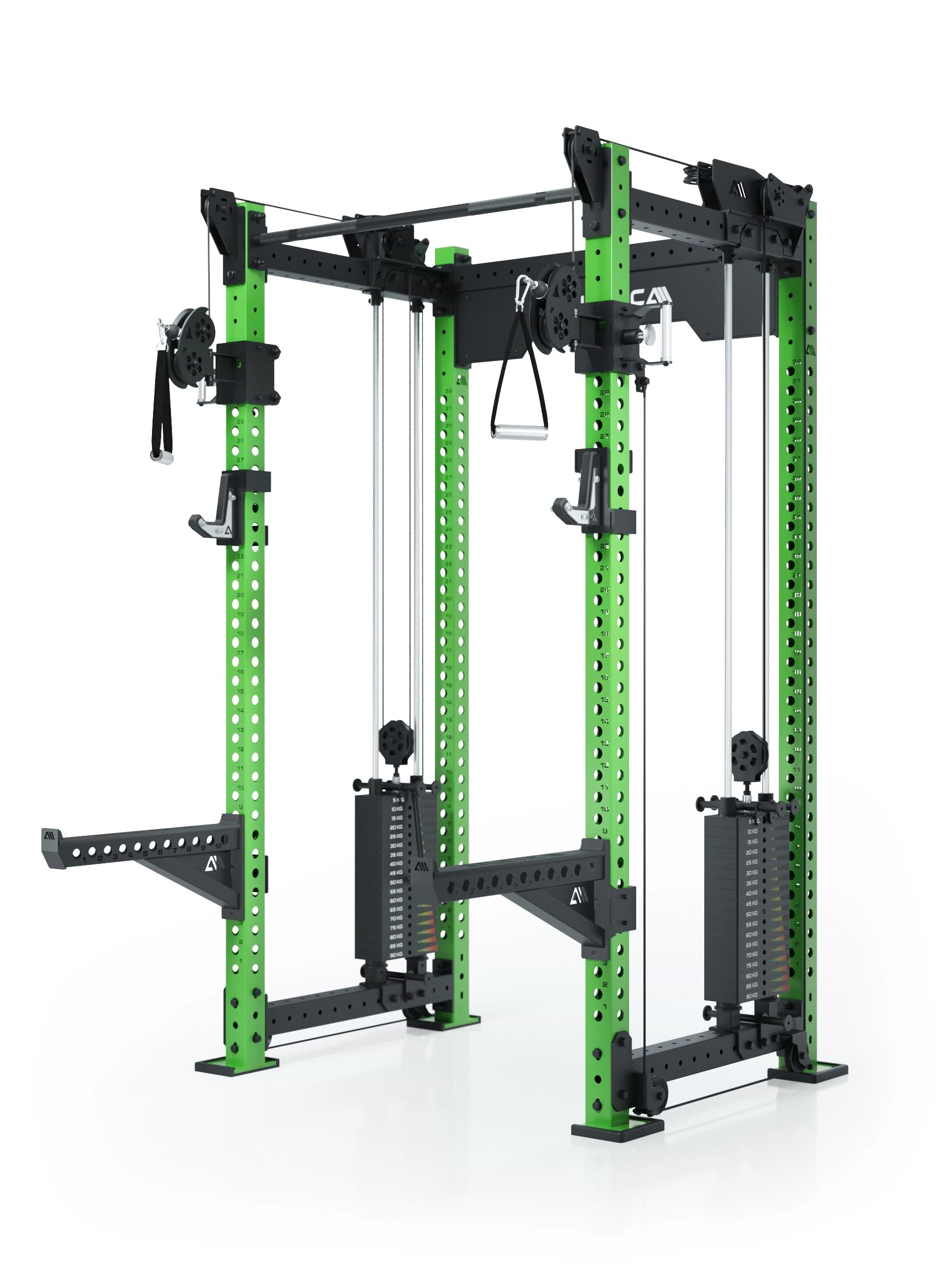 Dualer Kabelzug mit 2x95kg seitlichen Gewichtsblöcken | Sehr stabil und platzsparend | Modular ausbaubar mit Anbauteilen wie Smith Machine und Jammer Arms I Electric Green