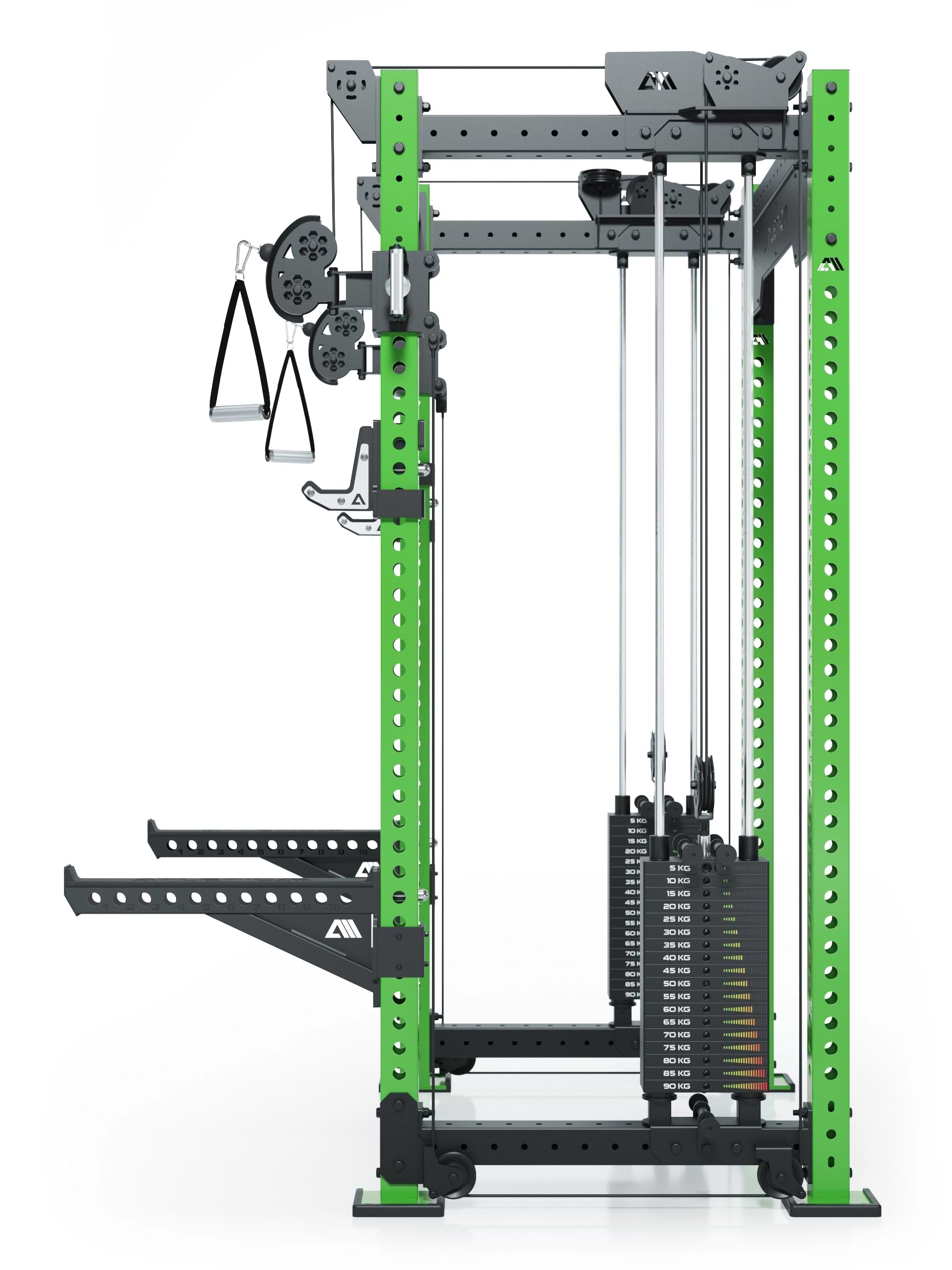 Dualer Kabelzug mit 2x95kg seitlichen Gewichtsblöcken | Sehr stabil und platzsparend | Modular ausbaubar mit Anbauteilen wie Smith Machine und Jammer Arms I Electric Green