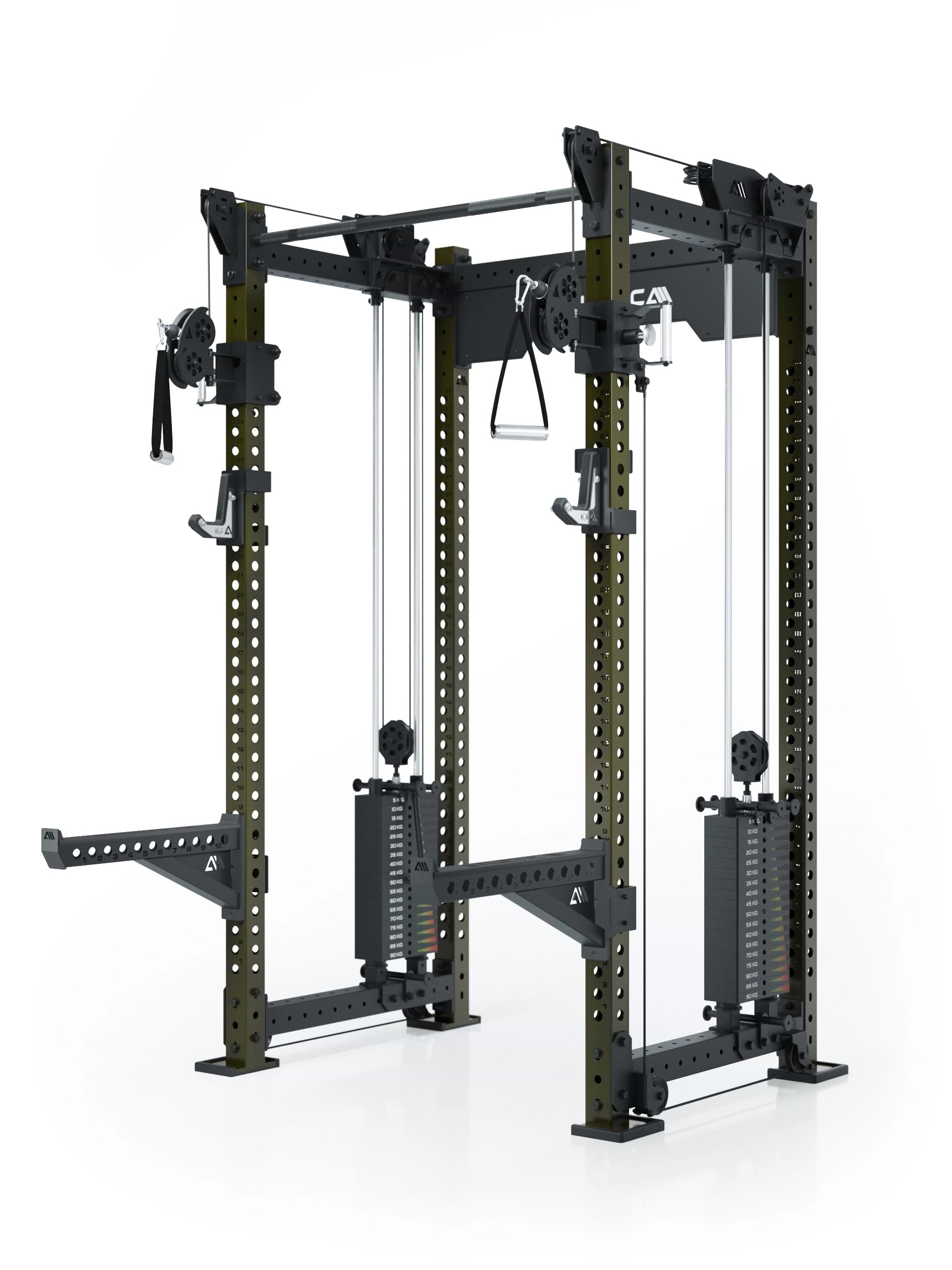 Dualer Kabelzug mit 2x95kg seitlichen Gewichtsblöcken | Sehr stabil und platzsparend | Modular ausbaubar mit Anbauteilen wie Smith Machine und Jammer Arms I Military Green