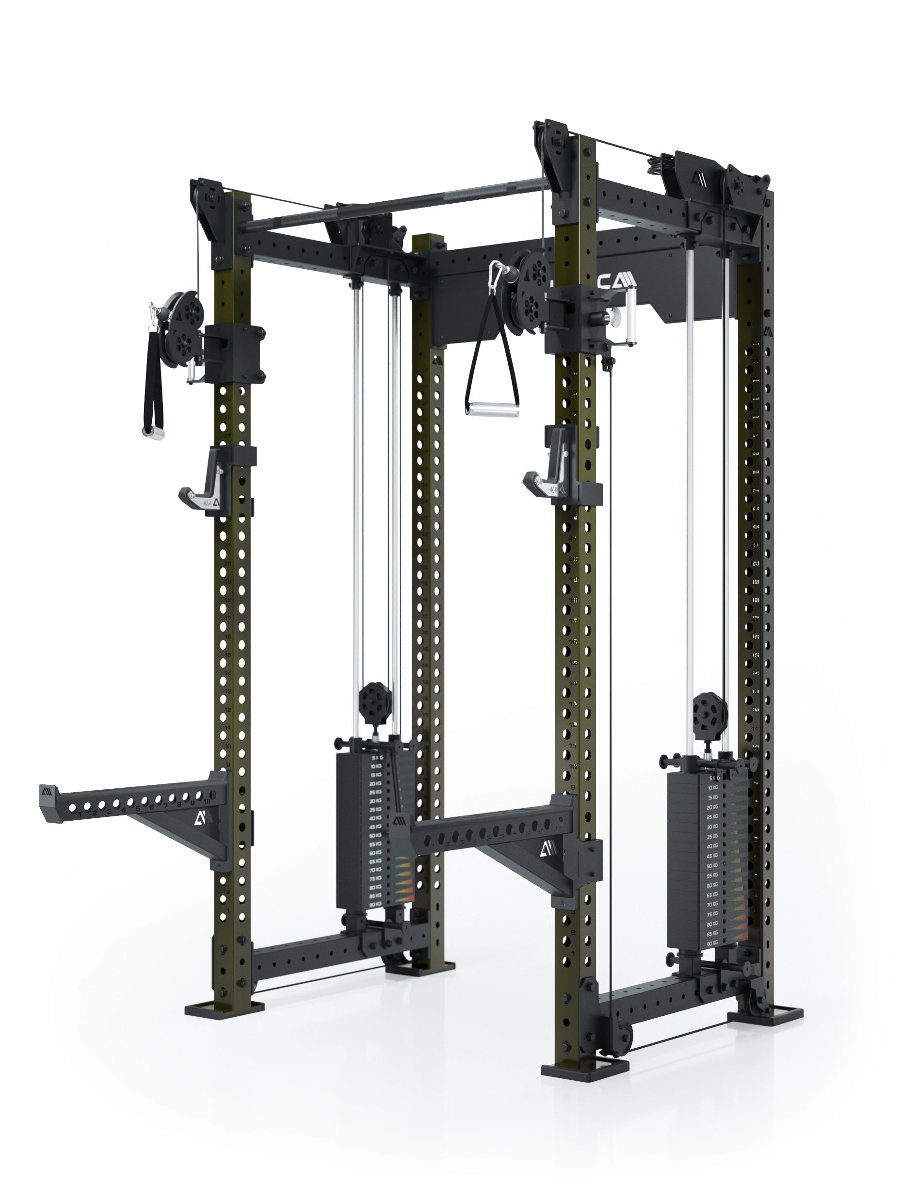 Dualer Kabelzug mit 2x95kg seitlichen Gewichtsblöcken | Sehr stabil und platzsparend | Modular ausbaubar mit Anbauteilen wie Smith Machine und Jammer Arms I Military Green 