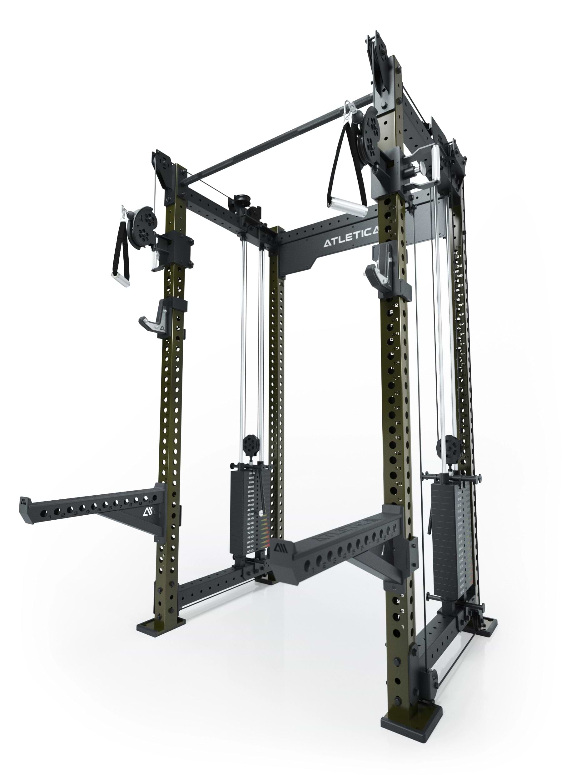 Dualer Kabelzug mit 2x95kg seitlichen Gewichtsblöcken | Sehr stabil und platzsparend | Modular ausbaubar mit Anbauteilen wie Smith Machine und Jammer Arms I Military Green