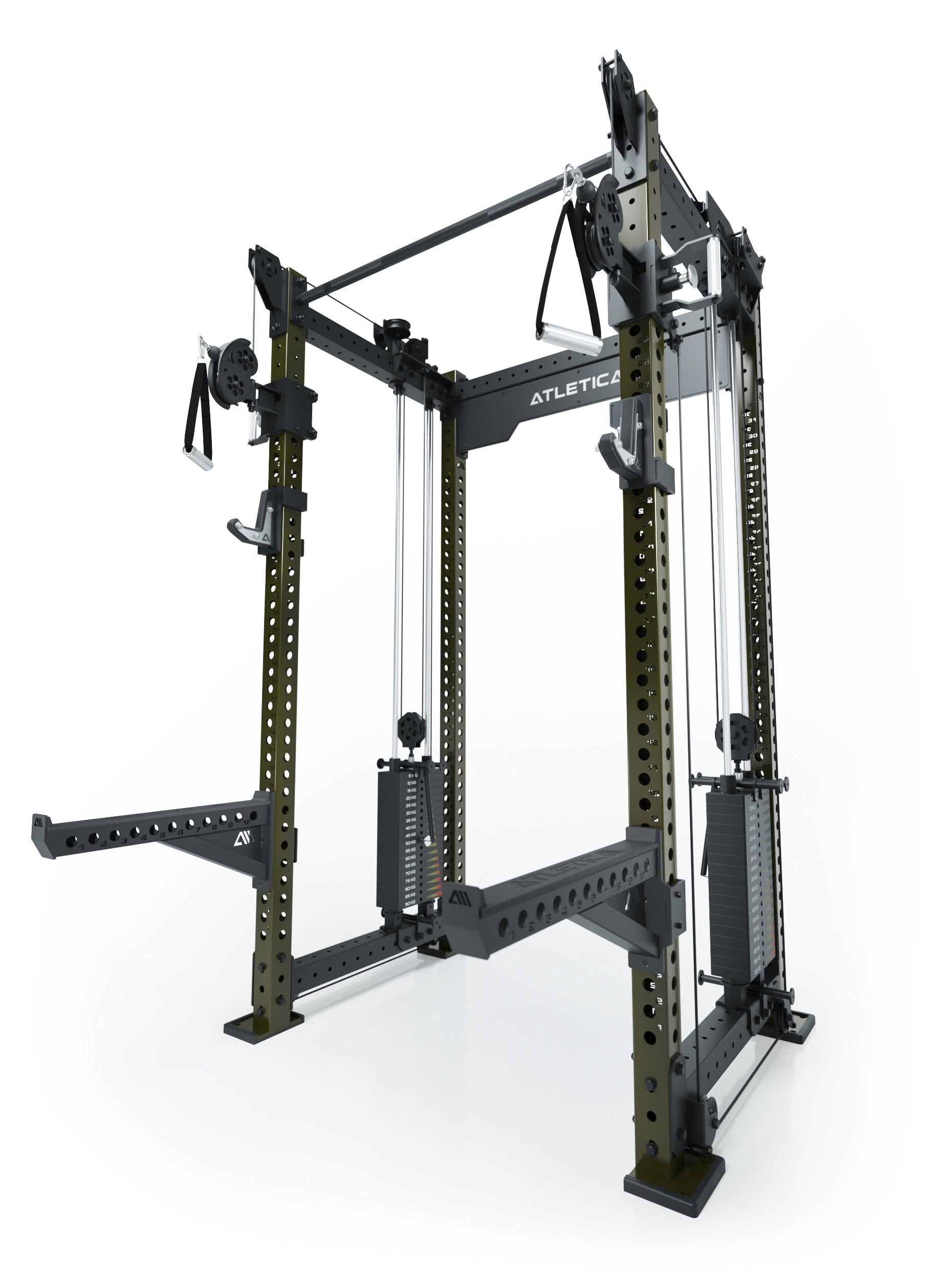 Dualer Kabelzug mit 2x95kg seitlichen Gewichtsblöcken | Sehr stabil und platzsparend | Modular ausbaubar mit Anbauteilen wie Smith Machine und Jammer Arms I Military Green 